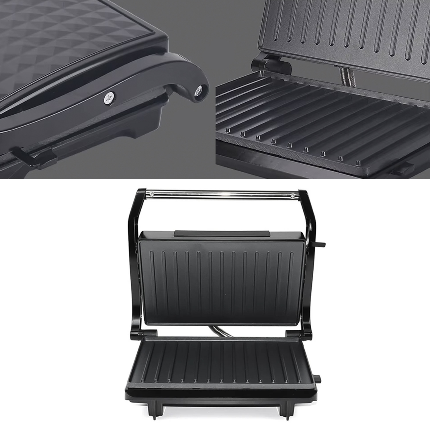 Una plancha panini negra está abierta. Tiene una superficie de cocción acanalada. Se muestran partes de la plancha en primer plano.