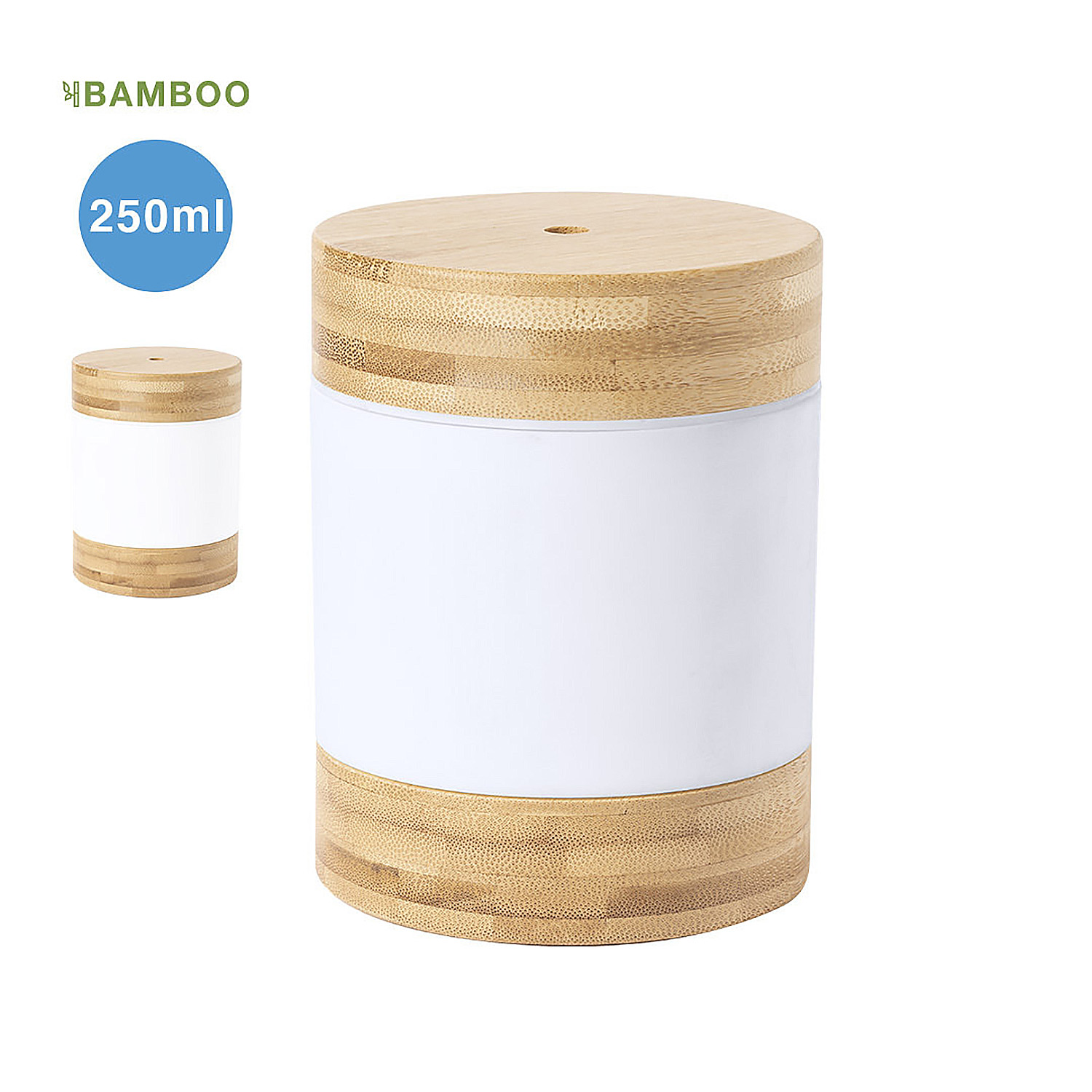 Un contenitore cilindrico in bambù e bianco con coperchio in legno. Una versione più piccola è a sinistra. Il testo '250ml' è a sinistra.