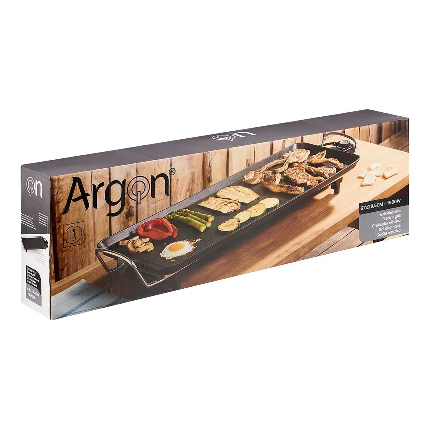 Una griglia elettrica con cibo come carne, verdure e un uovo. La scatola dice Argon e 67x29,5cm - 1500W.