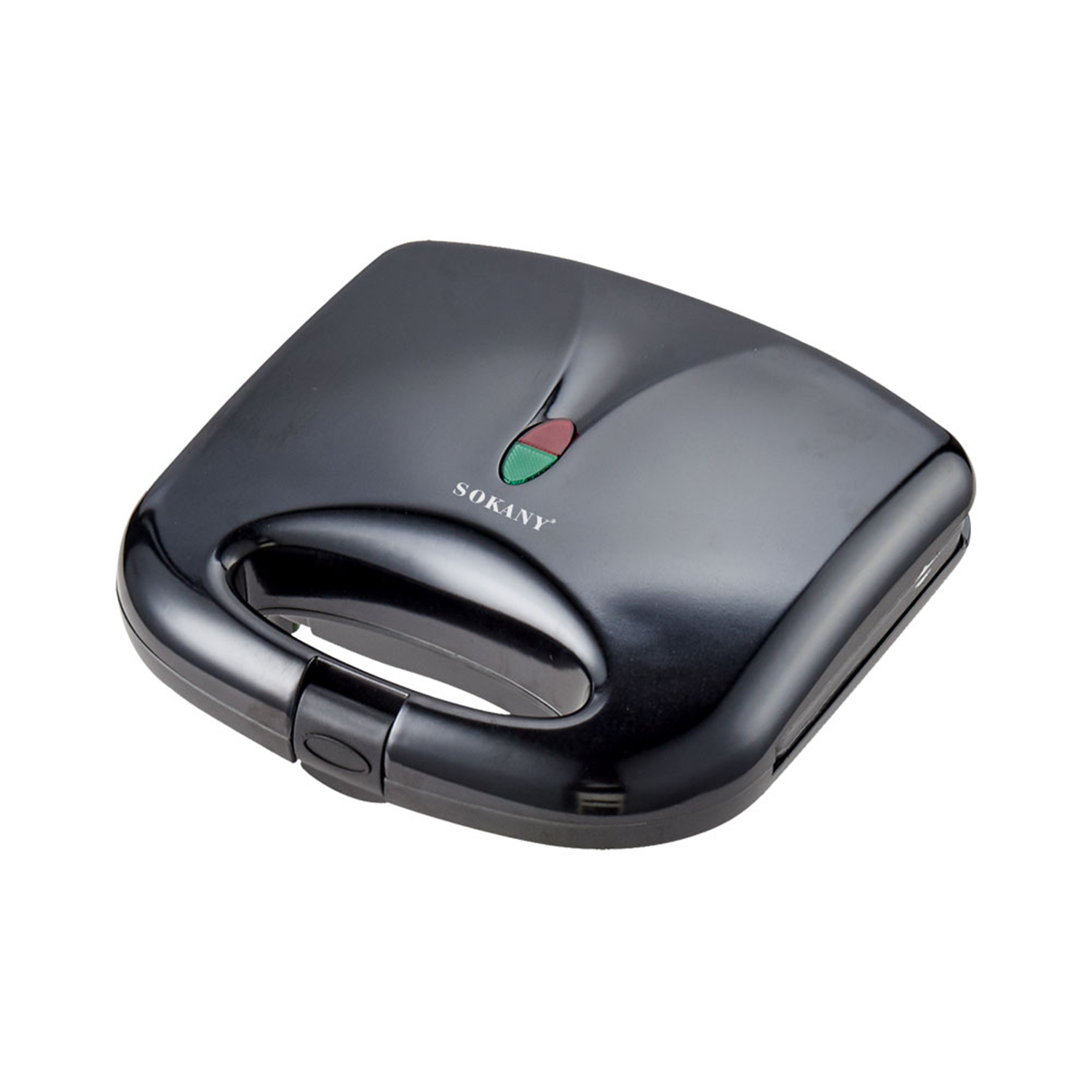 Un sandwich maker Sokany nero. Ha una maniglia e spie. Lo sfondo è bianco.