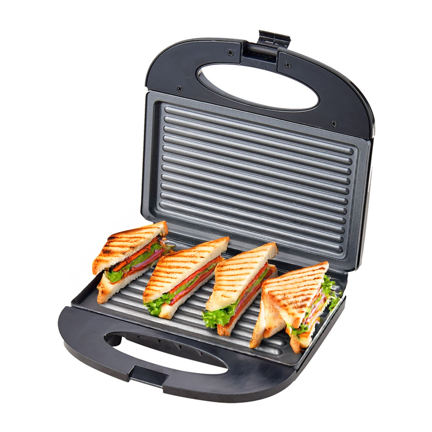 Una macchina per sandwich con quattro sandwich tostati all'interno. I sandwich hanno verdure. L'apparecchio è nero.