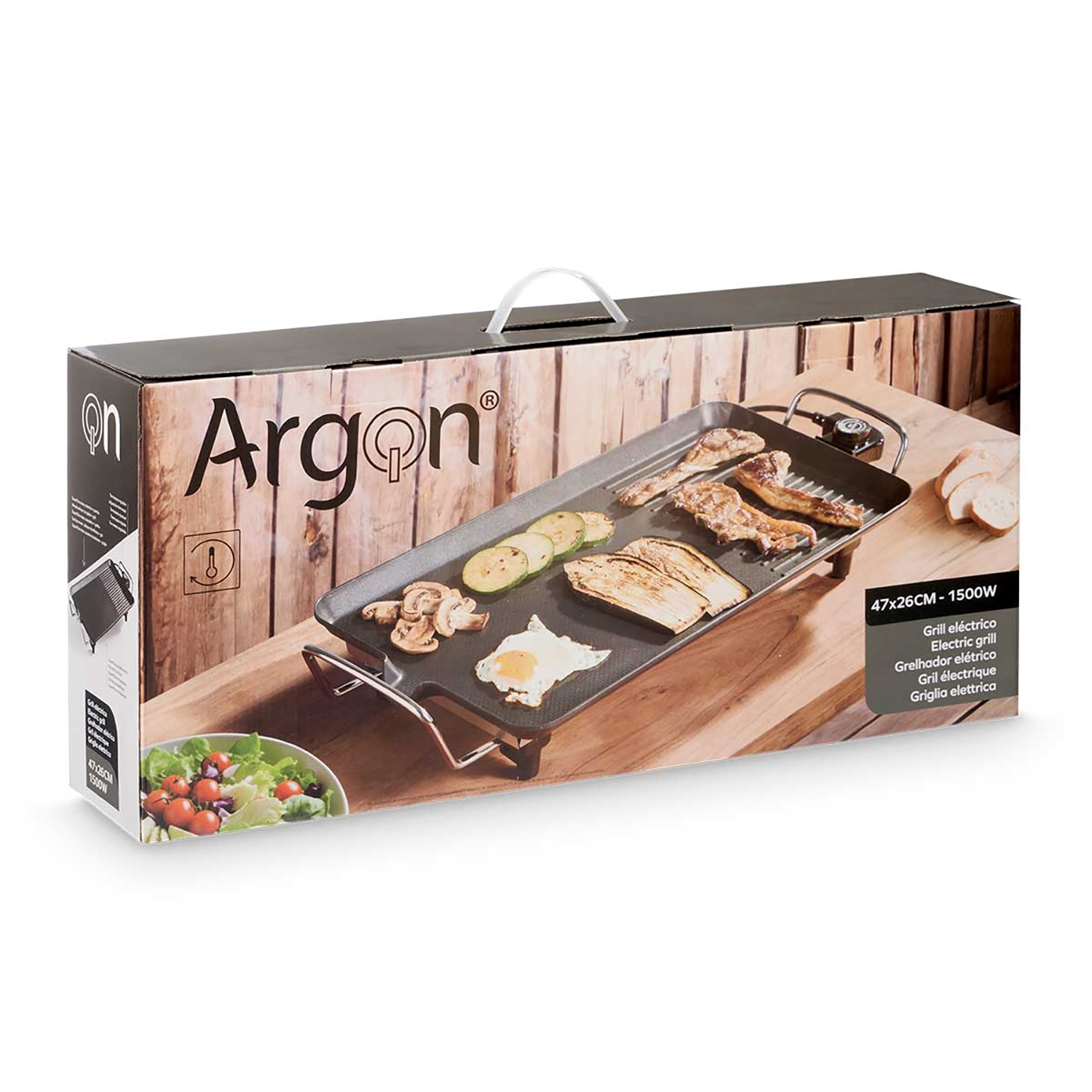 Eine Argon-Elektrogrillbox mit gekochtem Essen, darunter Fleisch, Gemüse und ein Ei. Eine Salatschüssel befindet sich links.
