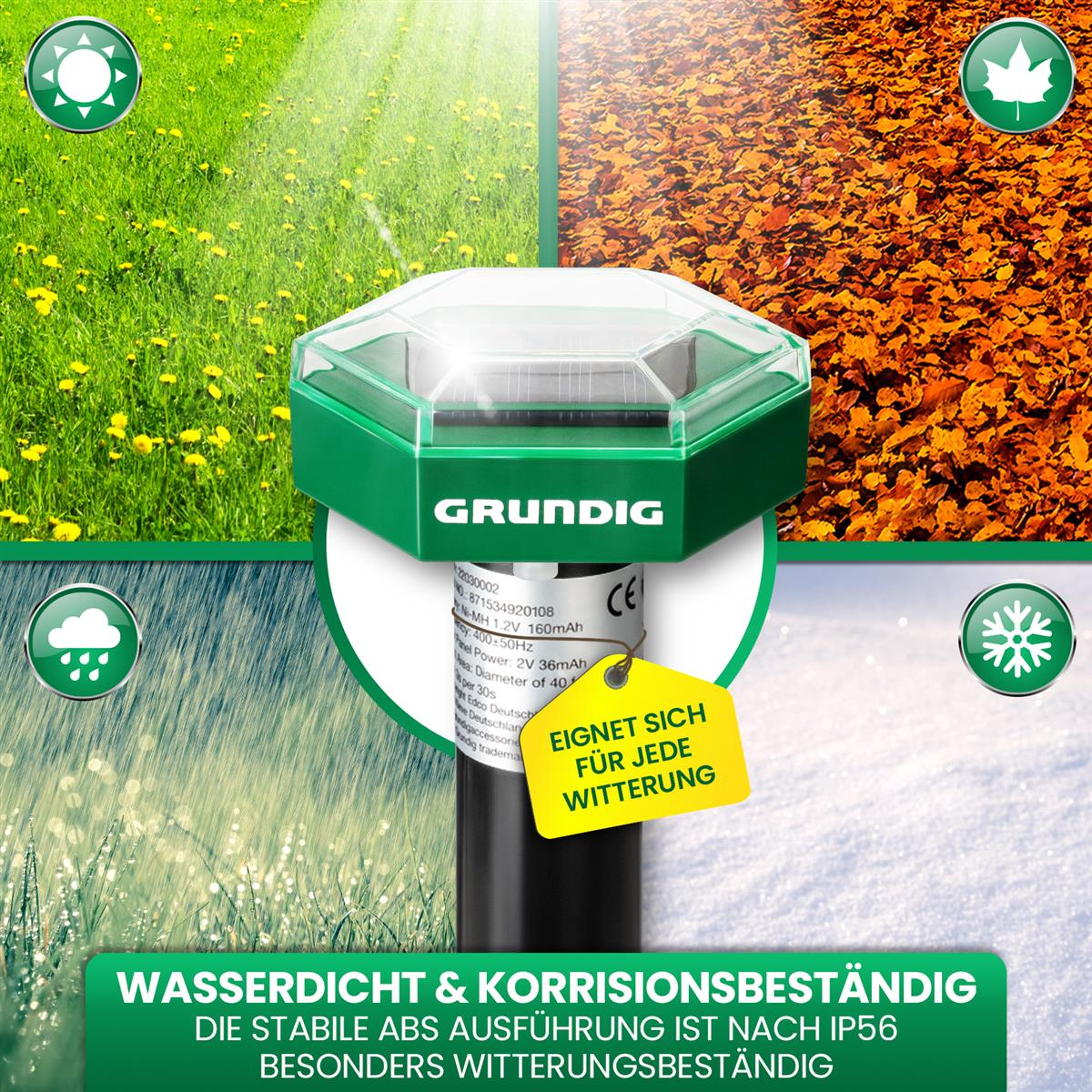Ein grüner Grundig Wettersensor mit Solarpanel, vor Hintergründen von Sonne, Regen, Blättern und Schnee.