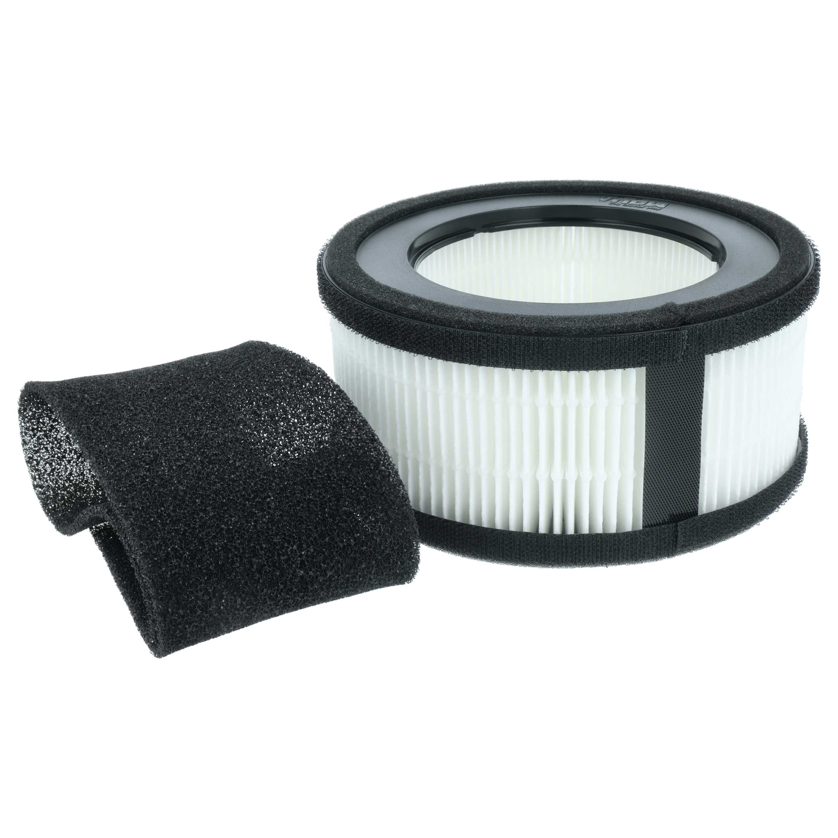 Ein Luftfilter und ein Vorfilter sind abgebildet. Der Luftfilter ist weiß mit schwarzem Rahmen. Der Vorfilter ist schwarz.