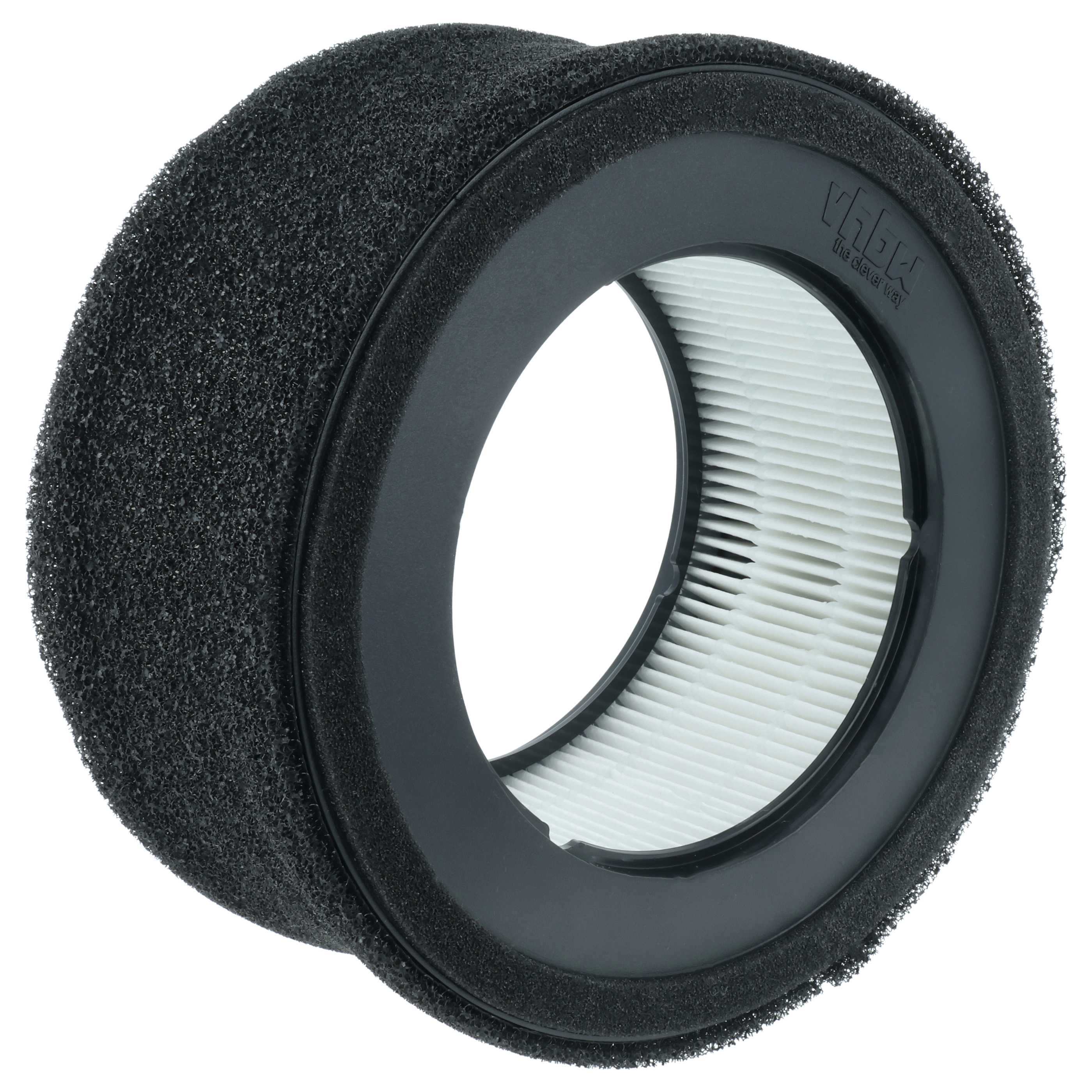 Ein runder Luftfilter mit schwarzem Schaumstoff am Rand. Der Filter hat weißes, plissiertes Papier.
