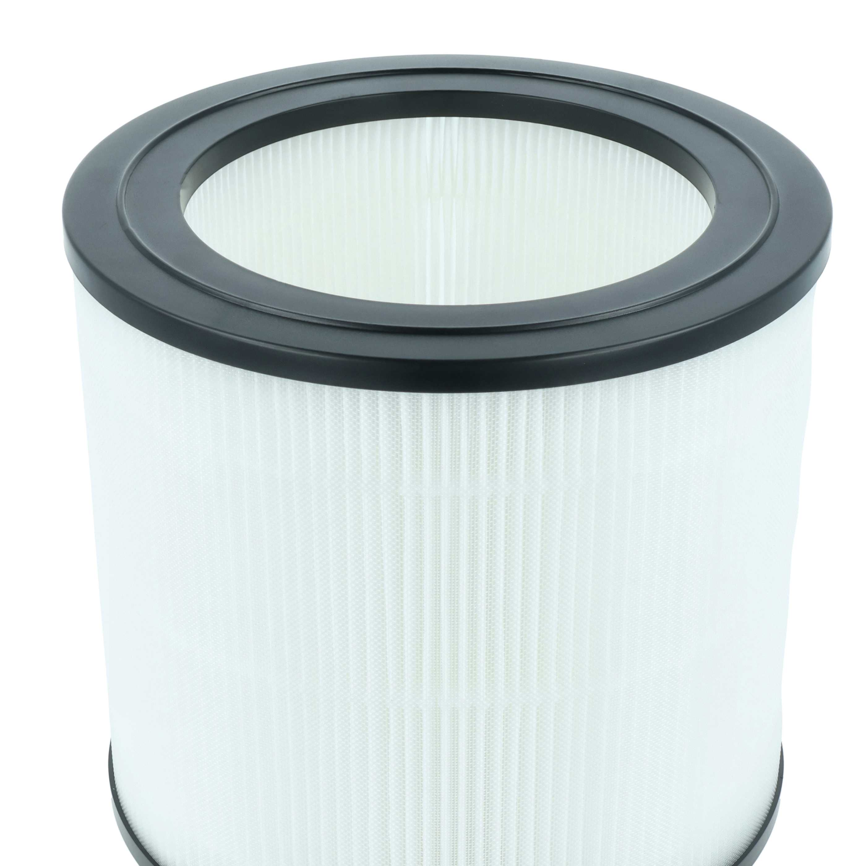 Ein zylindrischer Luftfilter mit schwarzem Rand. Der Filter ist weiß und hat ein plissiertes Design. Hintergrund ist weiß.