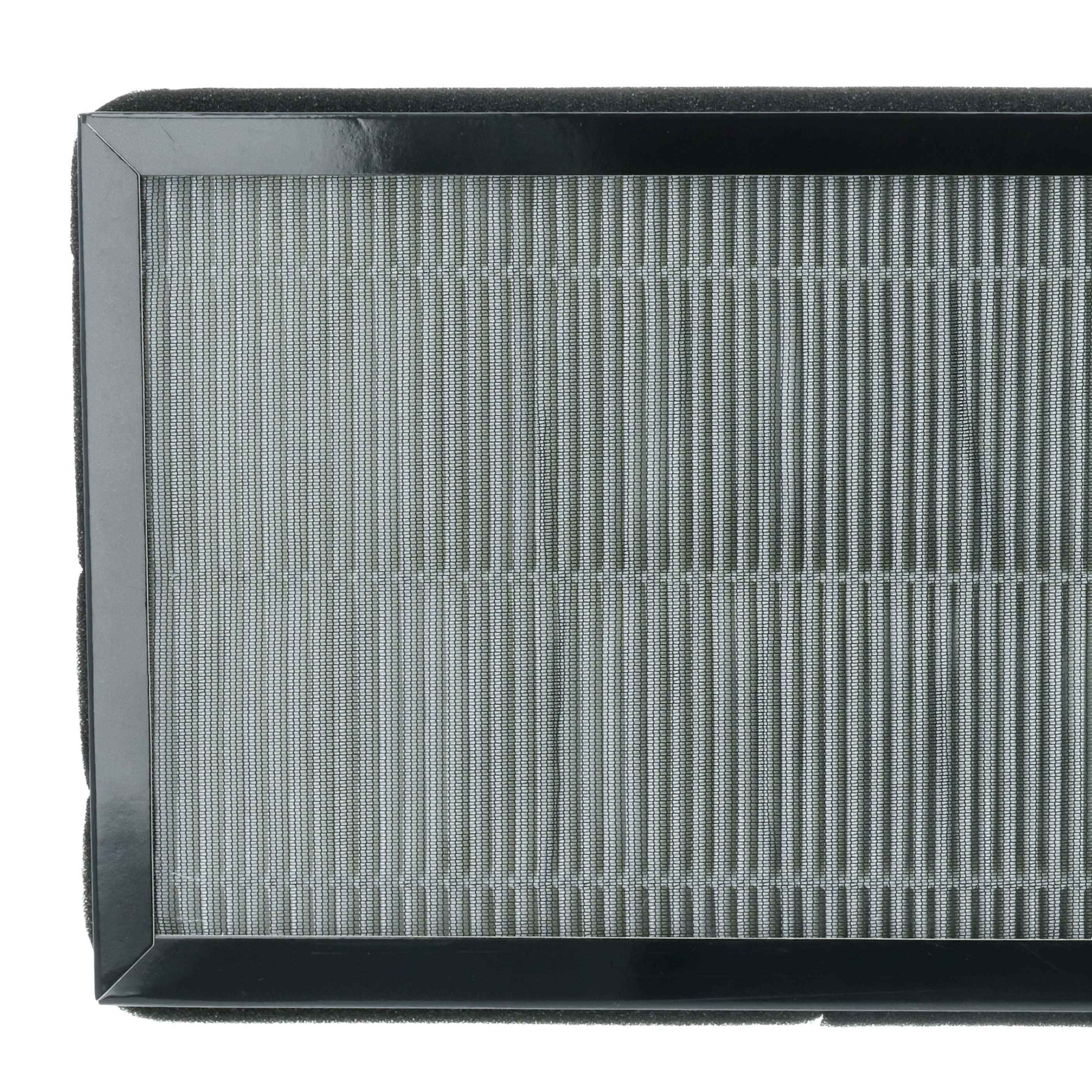 Nahaufnahme eines Luftfilters. Er hat einen schwarzen Rahmen, Maschen und ein poröses schwarzes Material.