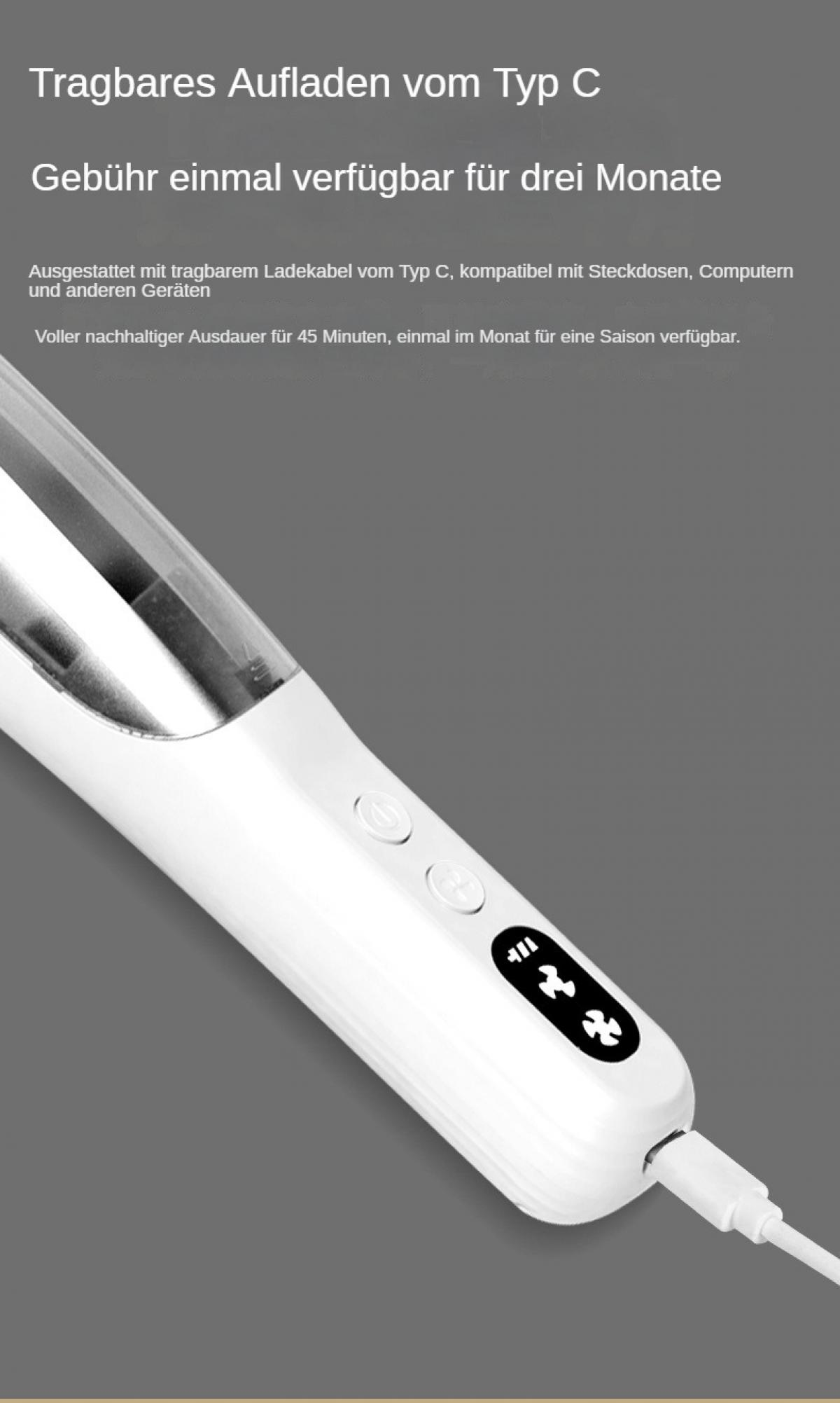Ein weißes Ladegerät mit USB-C-Anschluss. Grauer Hintergrund. Text: Tragbares Aufladen Typ C, 3 Monate verfügbar.