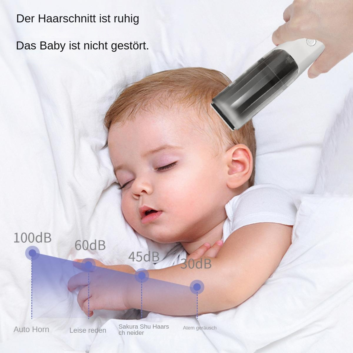 Ein Baby schläft friedlich, während ein Haarschneider benutzt wird. Geräuschpegel werden angezeigt, was auf einen leisen Betrieb hindeutet.