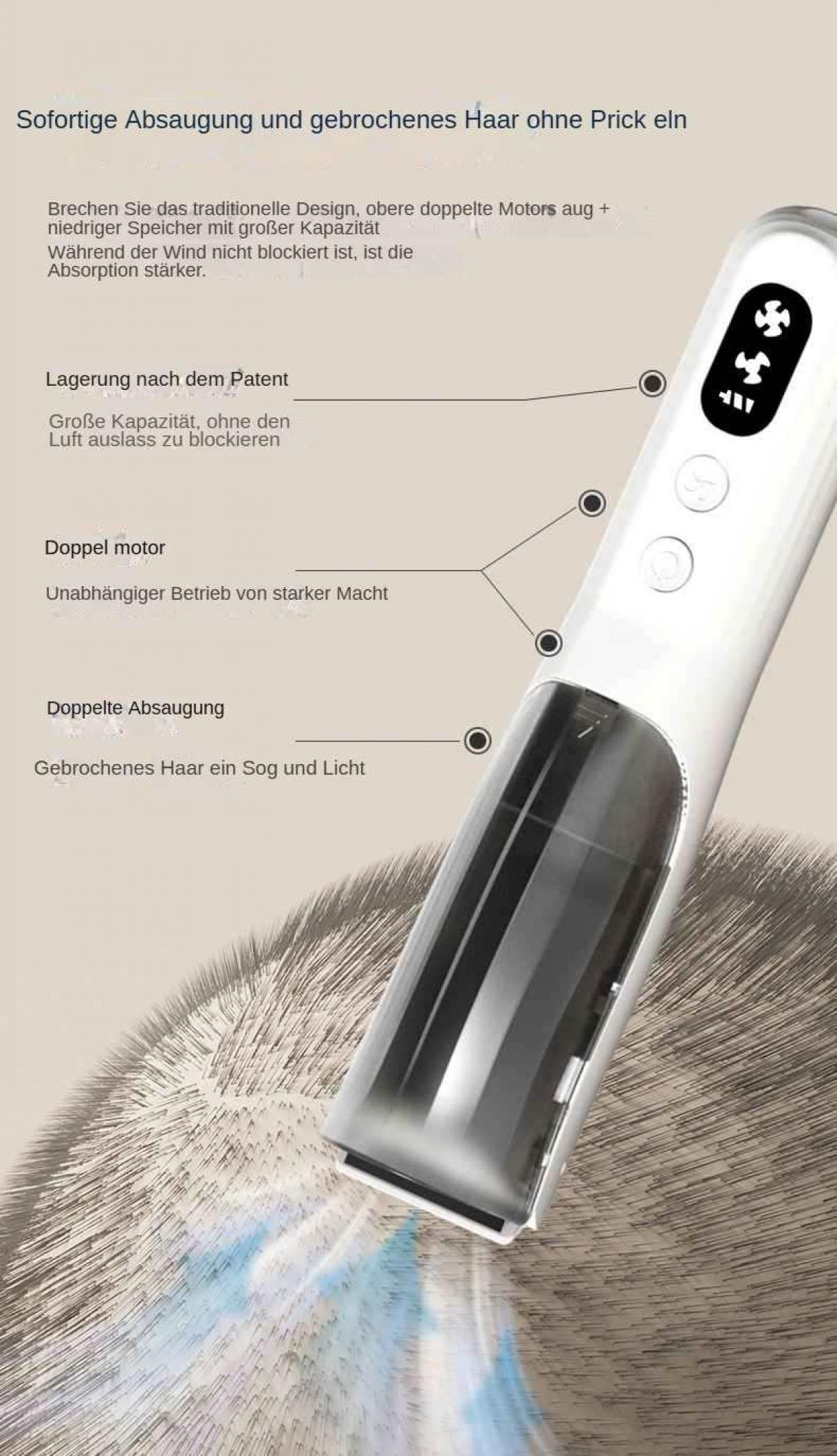 Ein weißer Haarschneider mit transparentem Kopf wird gezeigt, nah am Kopf einer Person. Text über das Produkt steht links.