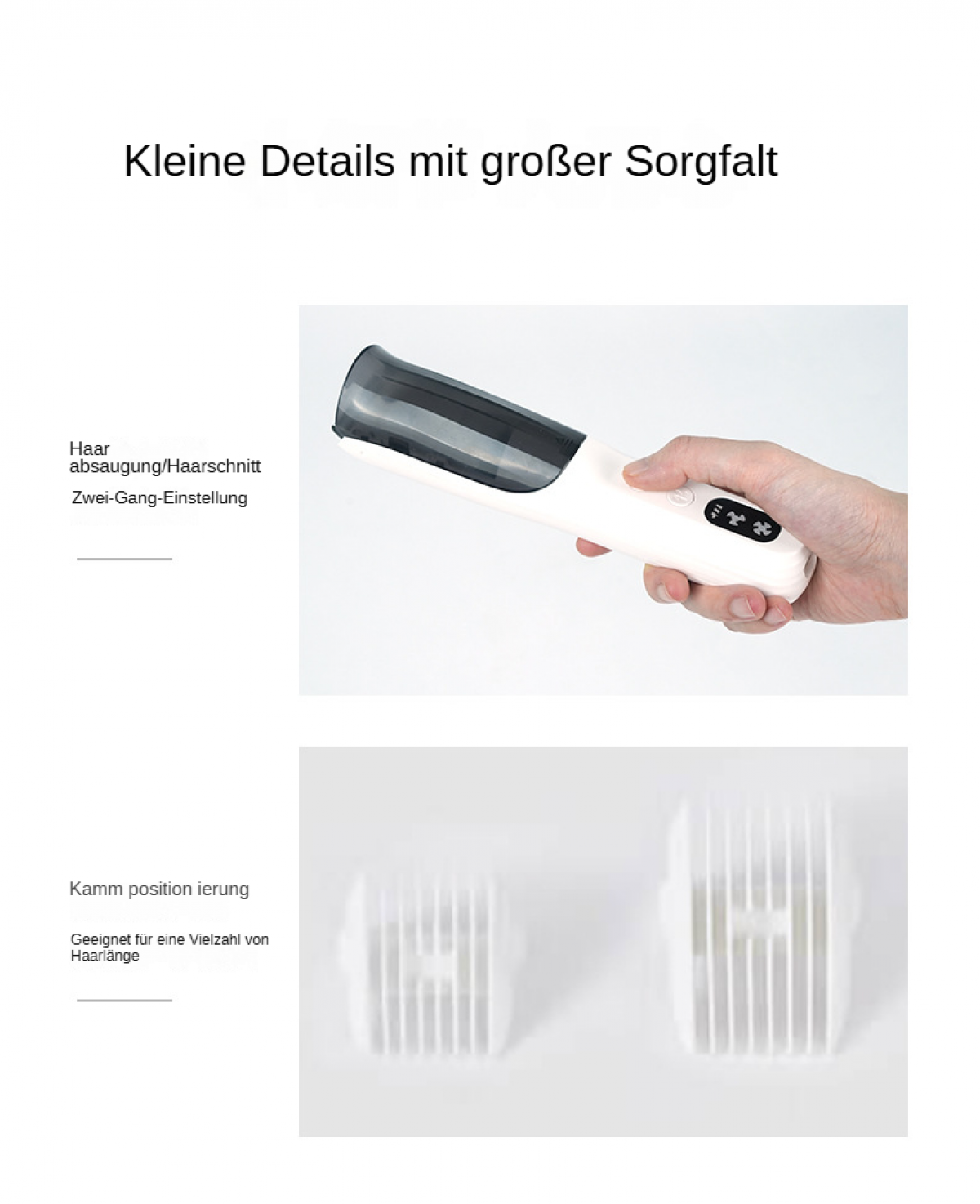 Eine Hand hält einen weiß-schwarzen Haarschneider. Darunter sind zwei weiße Kammaufsätze zu sehen.