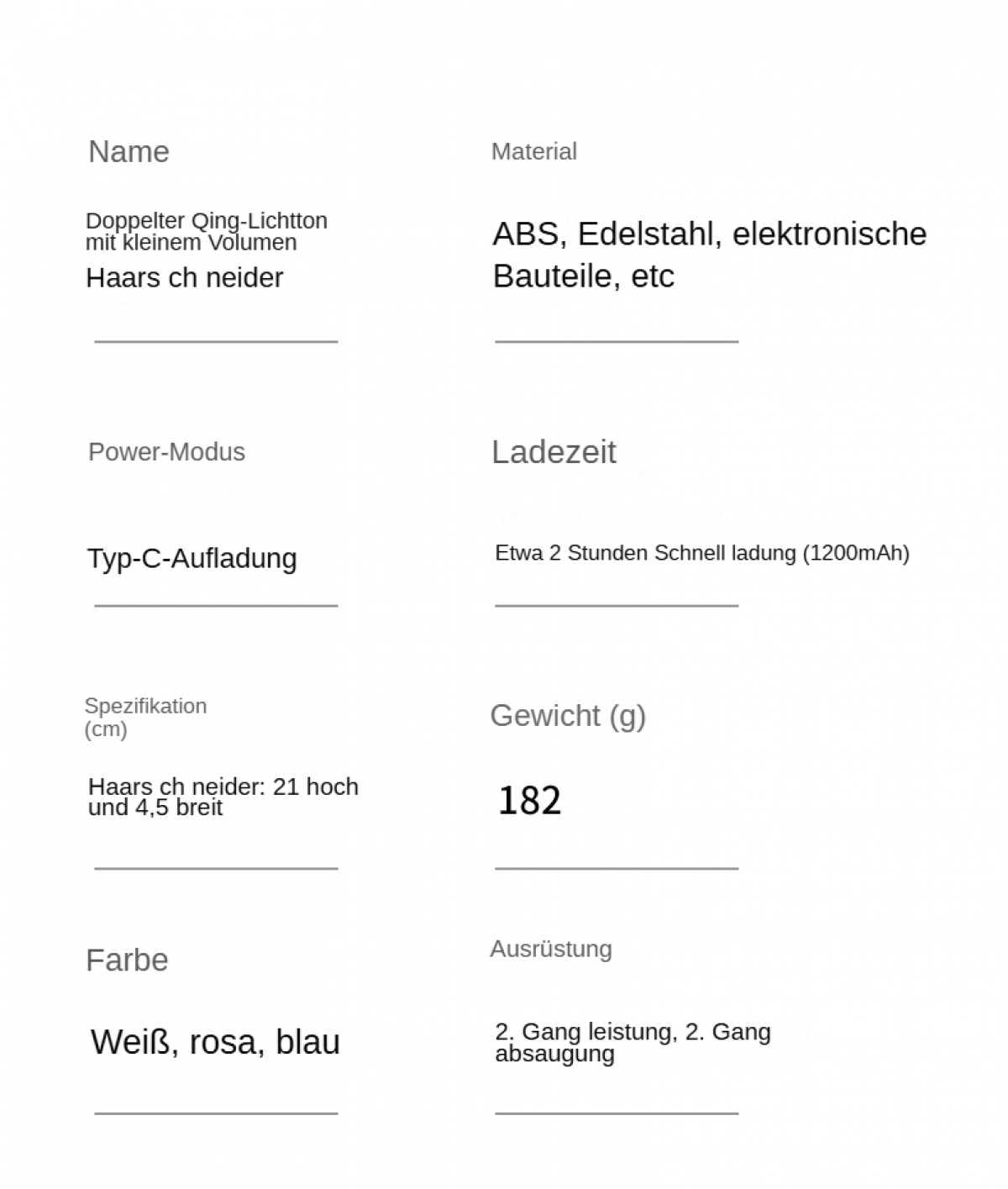 Produktspezifikationen auf Deutsch. Enthält Name, Material, Ladezeit, Gewicht, Farbe und Eigenschaften. Weiß, Rosa und Blau.