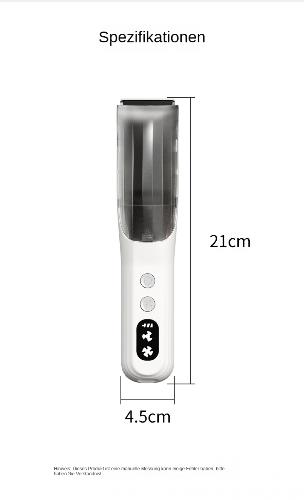 Weißer und grauer Elektrorasierer mit den Maßen: 21 cm Höhe, 4,5 cm Breite. Er hat Knöpfe und ein Display.