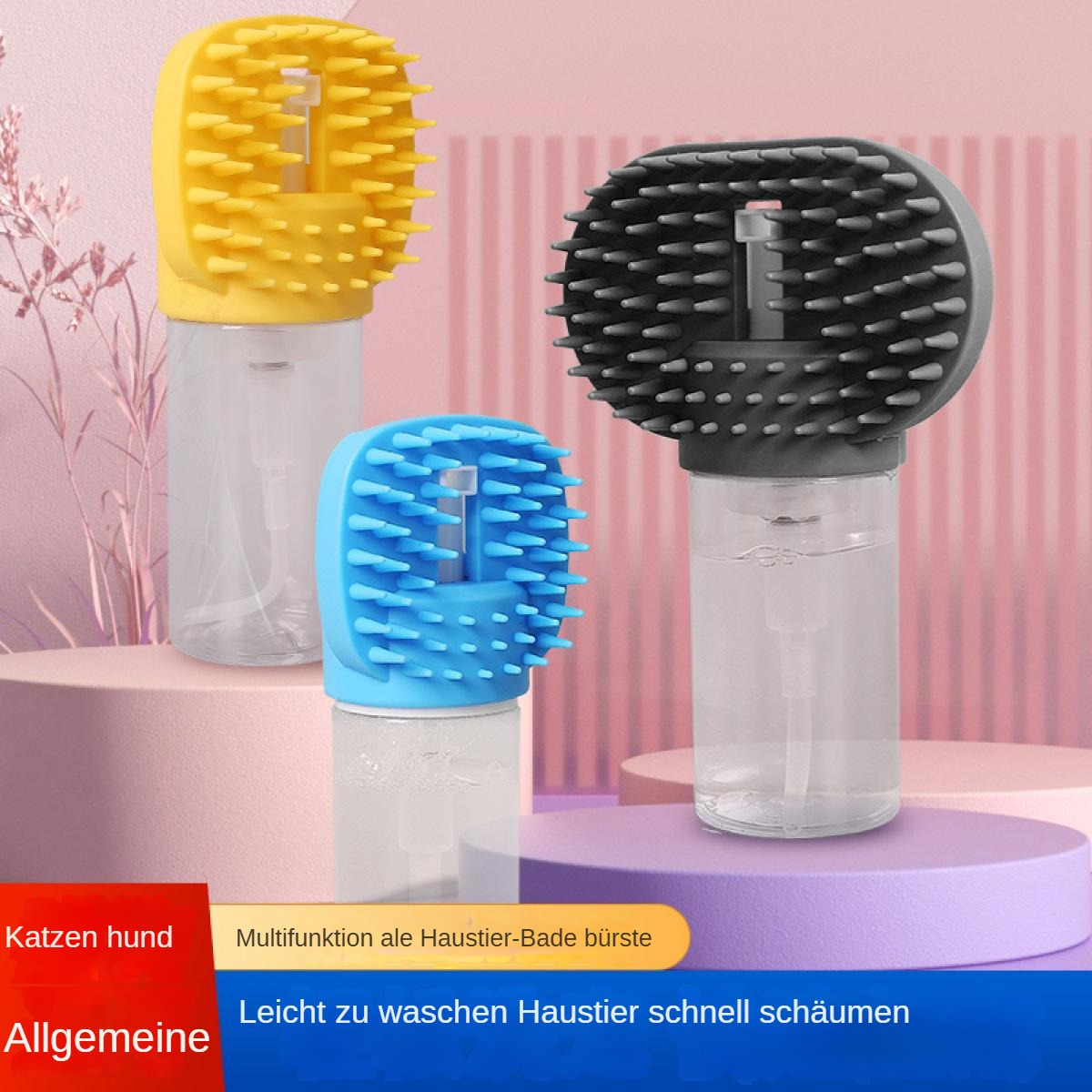 Drei Haustier-Bürsten, gelb, blau und schwarz. Jede hat einen Borstenkopf und einen Behälter für klare Flüssigkeit.