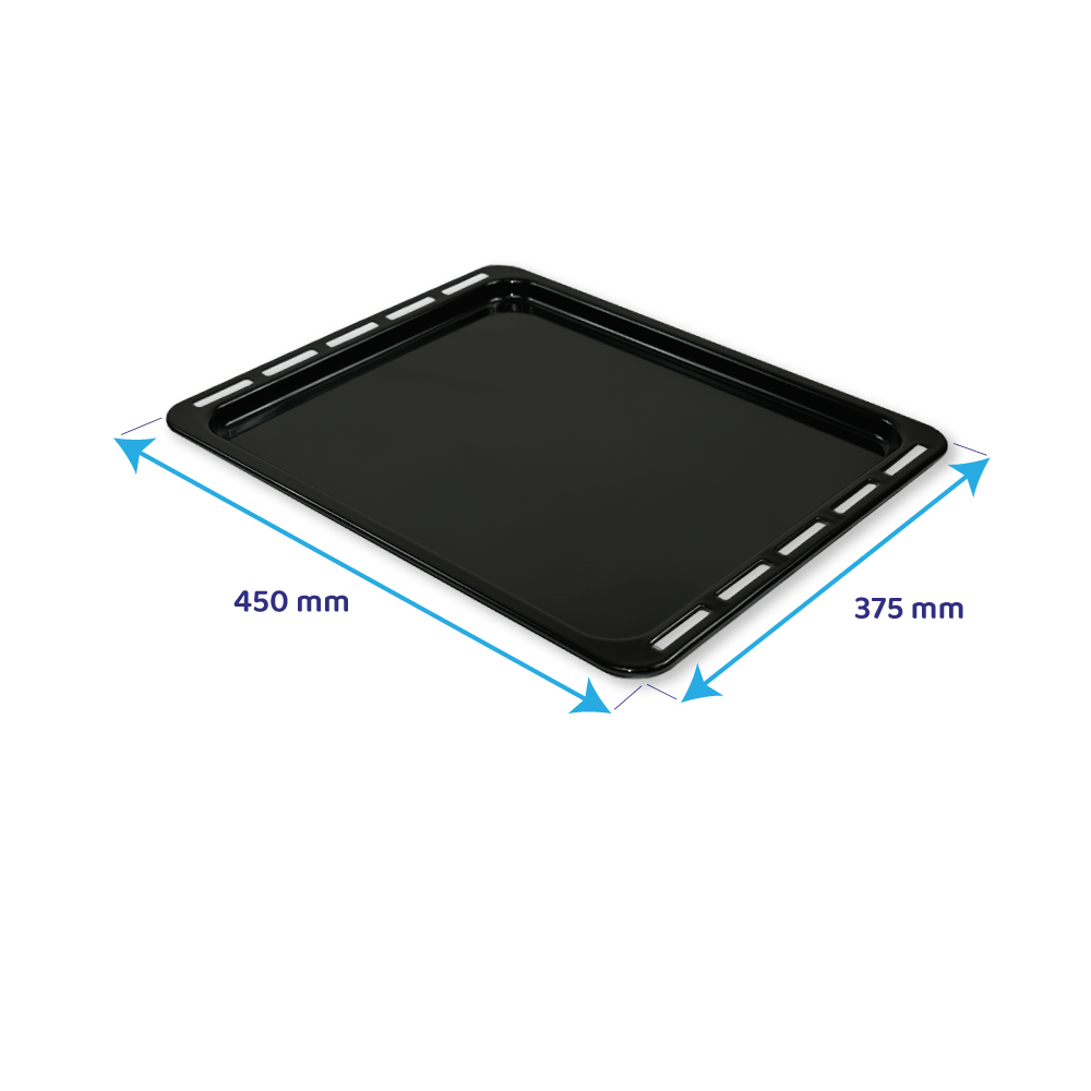 Gezeigt wird ein schwarzes rechteckiges Backblech mit den Maßen 450 mm x 375 mm. Das Blech hat kleine Löcher an den Seiten.
