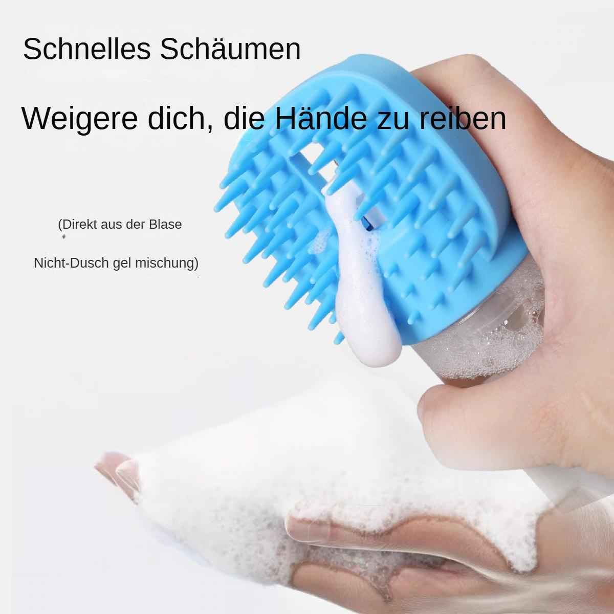 Eine Hand hält einen blauen Schrubber, der Schaum abgibt. Text auf Deutsch sagt 'Schnelles Schäumen', 'Weigere dich, die Hände zu reiben'.