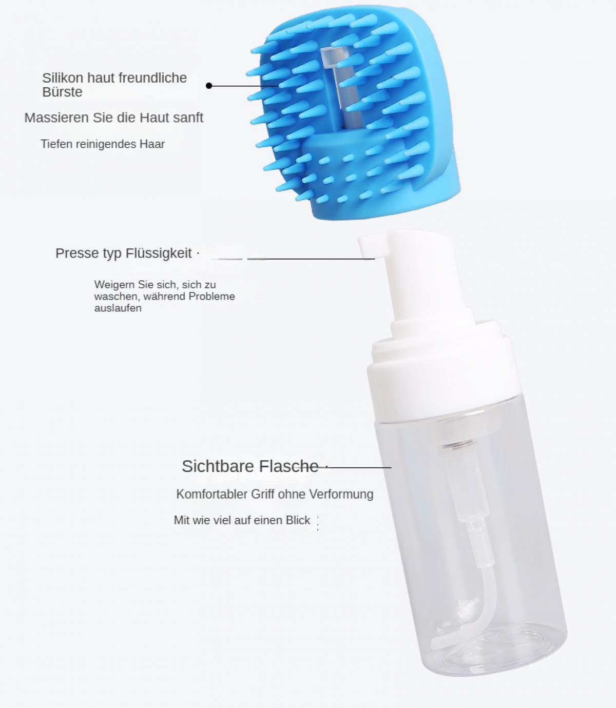 Eine blaue Silikonbürste und eine transparente Flasche mit weißer Pumpe. Die Bürste dient zum Massieren und Reinigen der Haare.