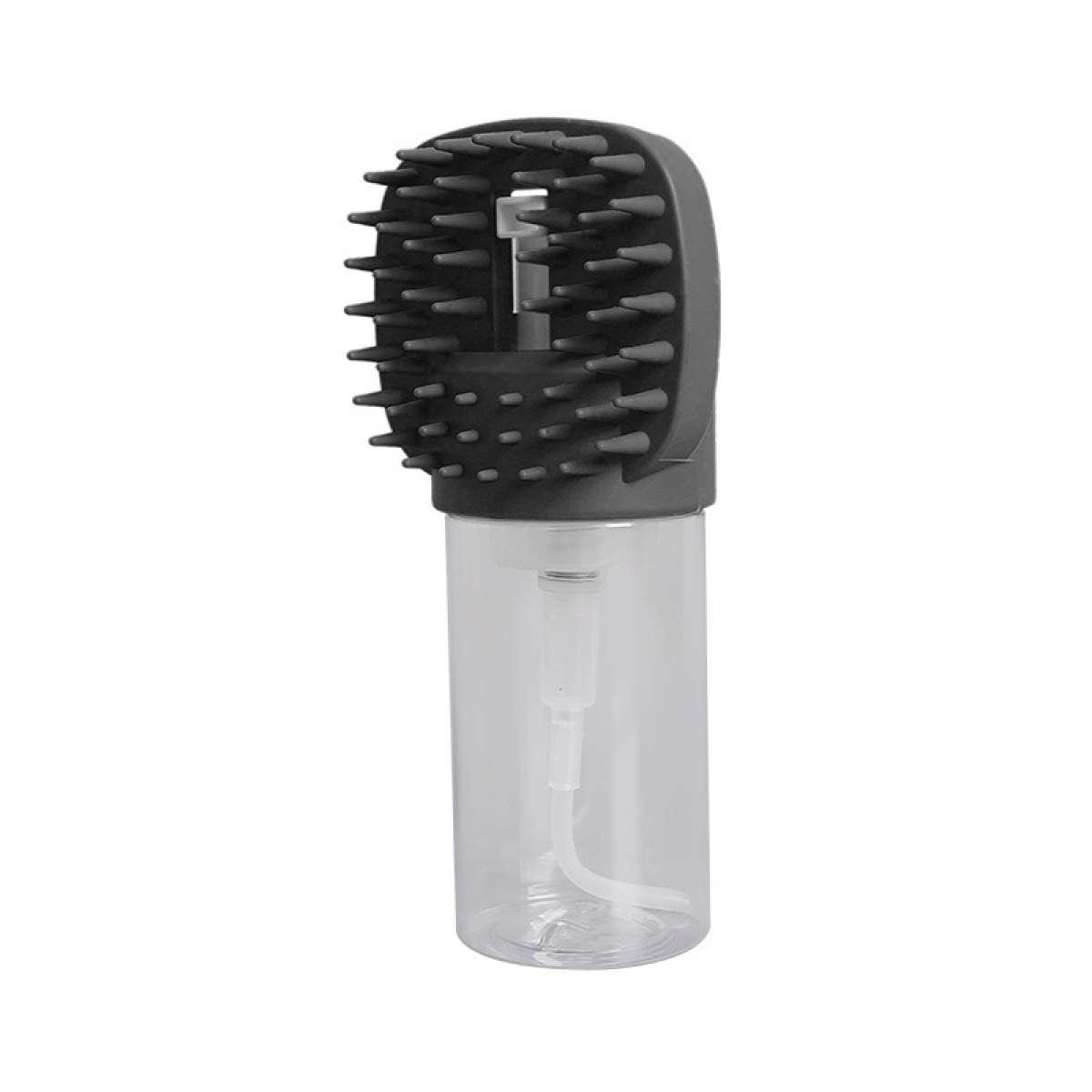 Eine klare Plastikflasche mit einem schwarzen bürstenartigen Aufsatz. Die Bürste hat viele kleine, dunkelgraue Borsten.
