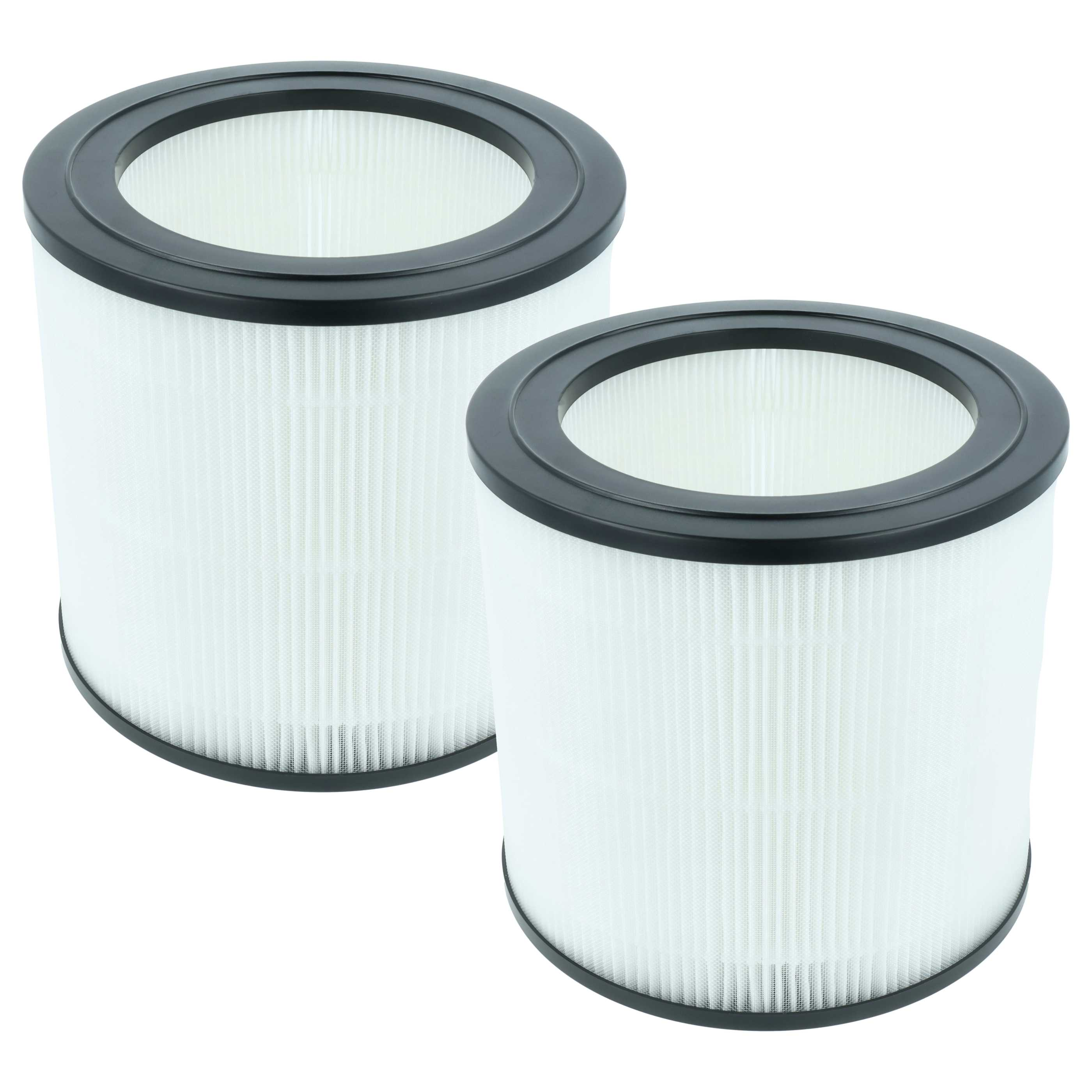Zwei zylindrische Luftfilter mit weißem, plissiertem Filtermaterial und schwarzen Rändern, vor weißem Hintergrund.