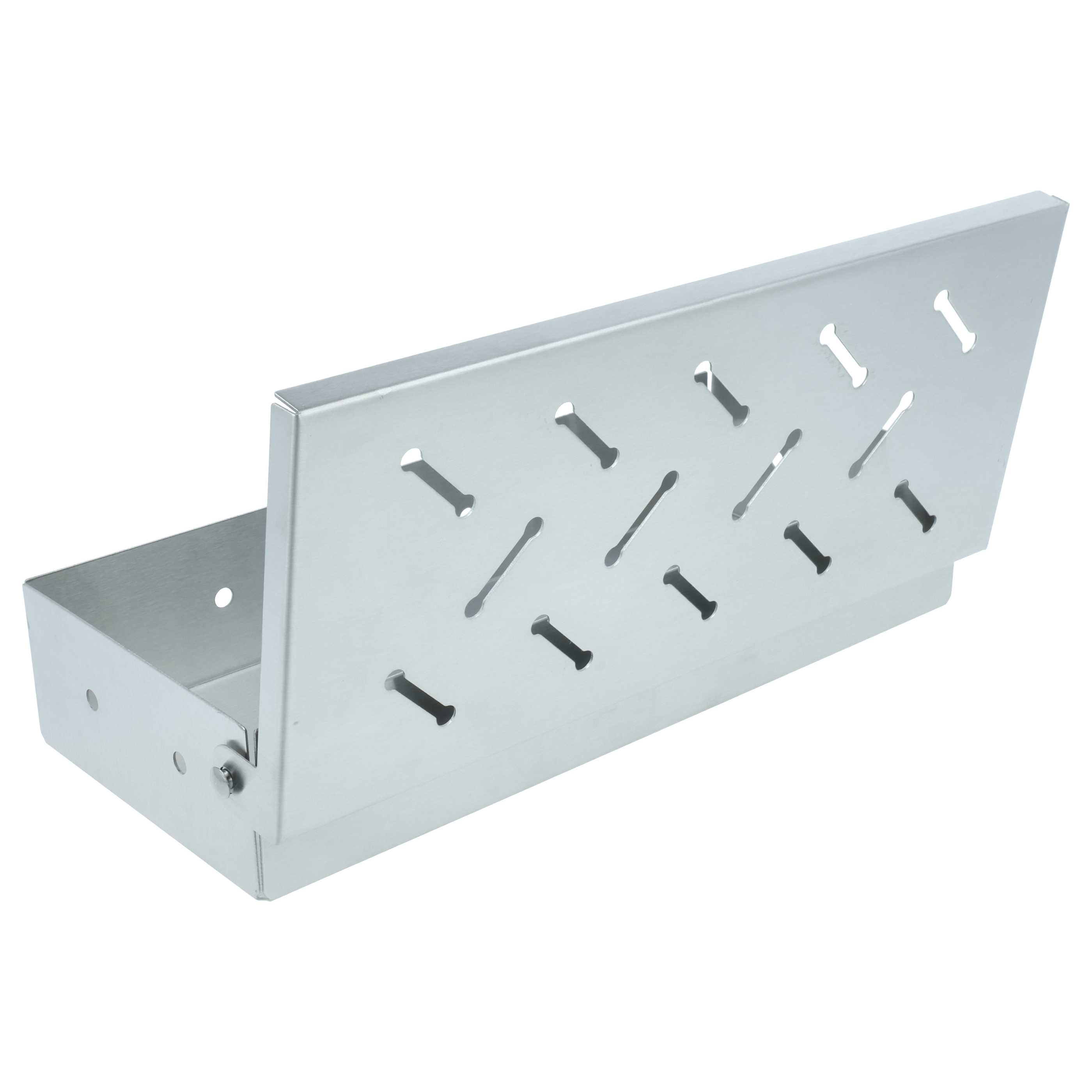 Ein rechteckiger Metallbehälter mit gelochter, abgewinkelter Oberseite, Scharnier und einer Reihe von Löchern.