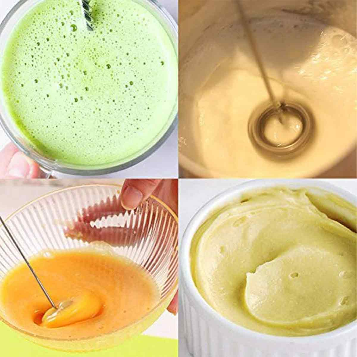 Vier Bilder: Matcha, schaumige Flüssigkeit mit Schneebesen, orangefarbene Flüssigkeit mit Schneebesen und hellgelbes Dessert.