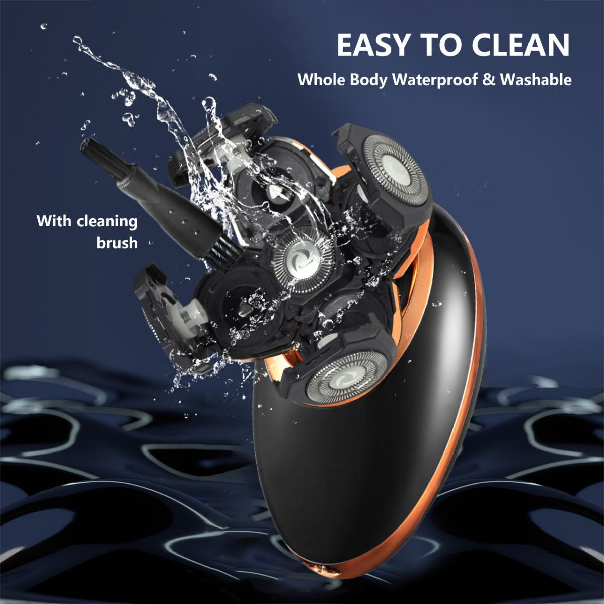Elektrischer Rasierer mit Wasserspritzern, schwarz und gold, Text: 'Easy to Clean', 'Whole Body Waterproof & Washable'.