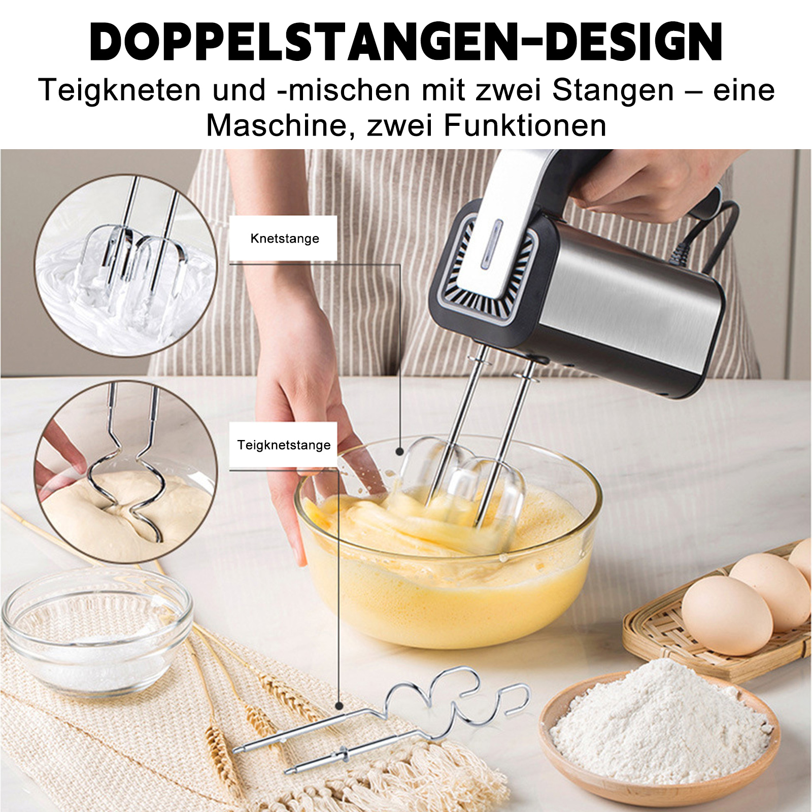 Ein Handmixer in Gebrauch, mischt Zutaten in einer Schüssel. Eier, Mehl und andere Werkzeuge umgeben ihn.
