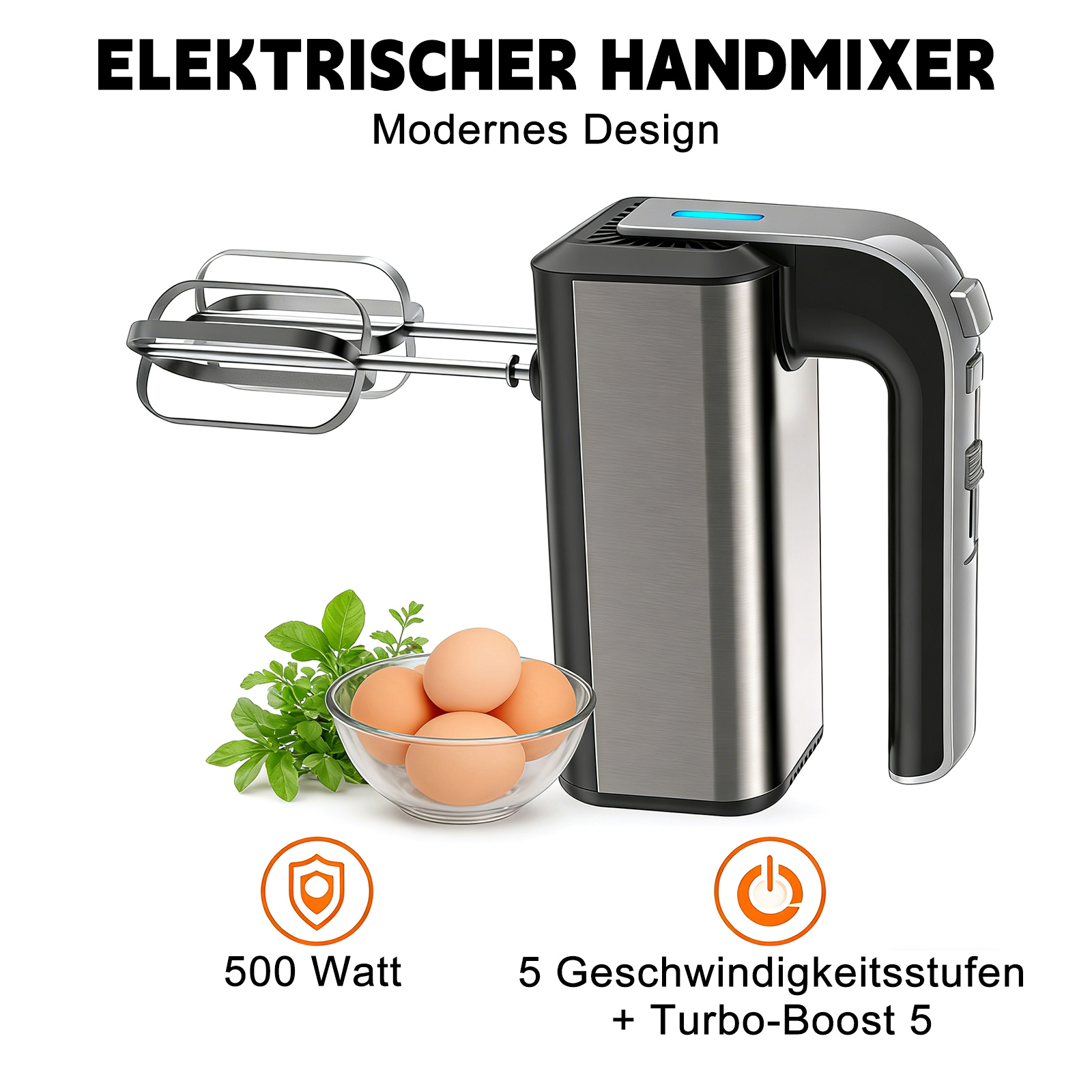 Ein moderner elektrischer Handmixer mit Eiern, Blättern und einem Ein-Aus-Symbol. Er ist silber und schwarz.