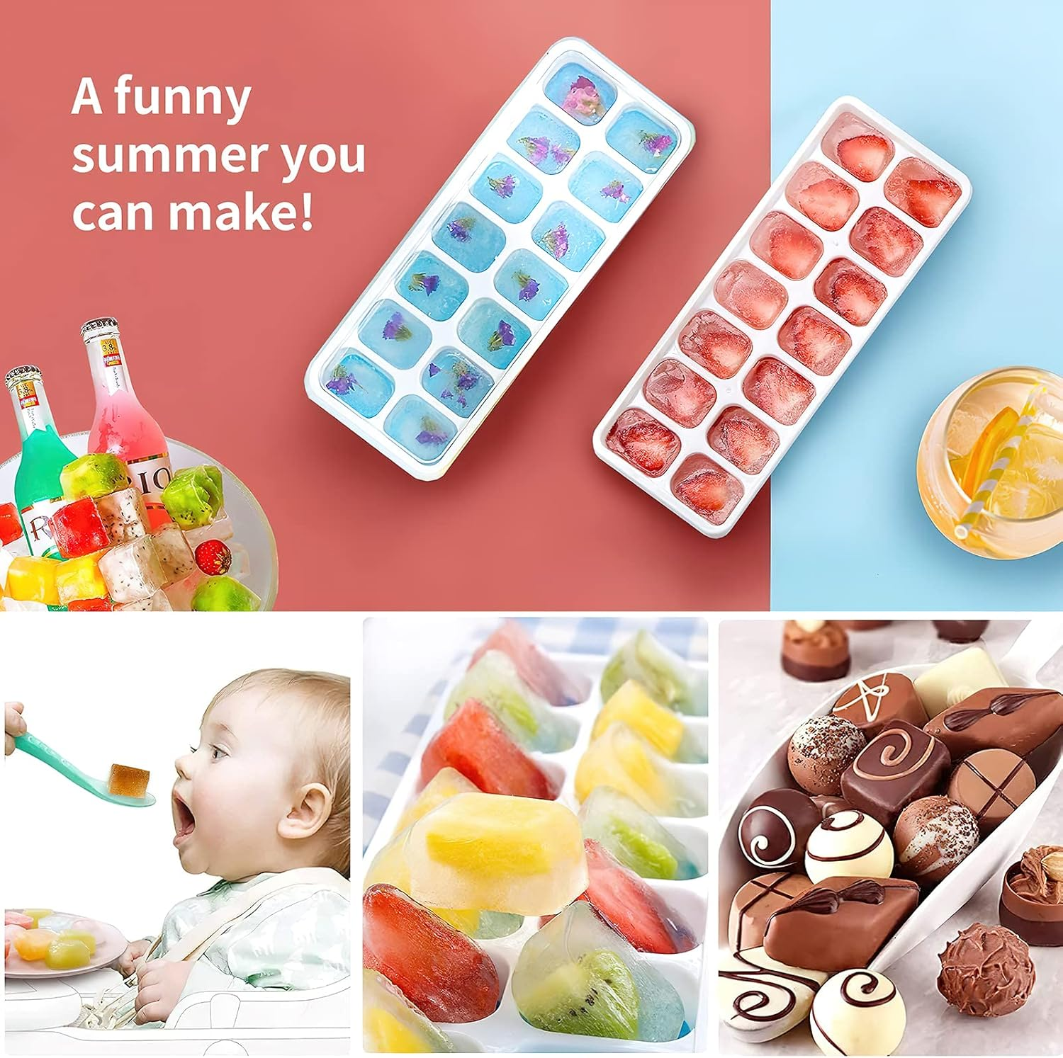 Das Bild zeigt Eiswürfel mit Blumen und Früchten, ein Baby beim Essen, Getränke und Pralinen. Ein lustiges Sommerthema.