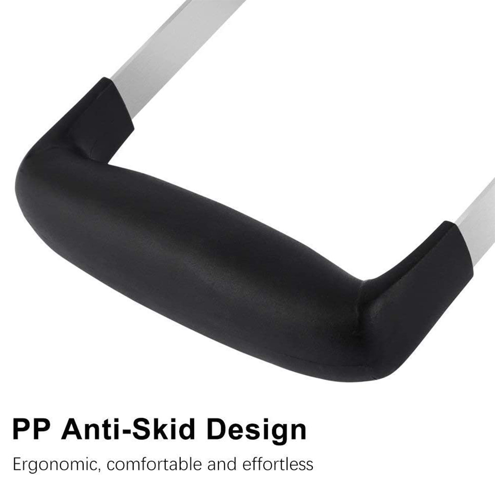 Nahaufnahme eines schwarzen Griffs mit silbernen Klingen. Der Text im Bild lautet: PP Anti-Rutsch-Design, ergonomisch, komfortabel und mühelos.