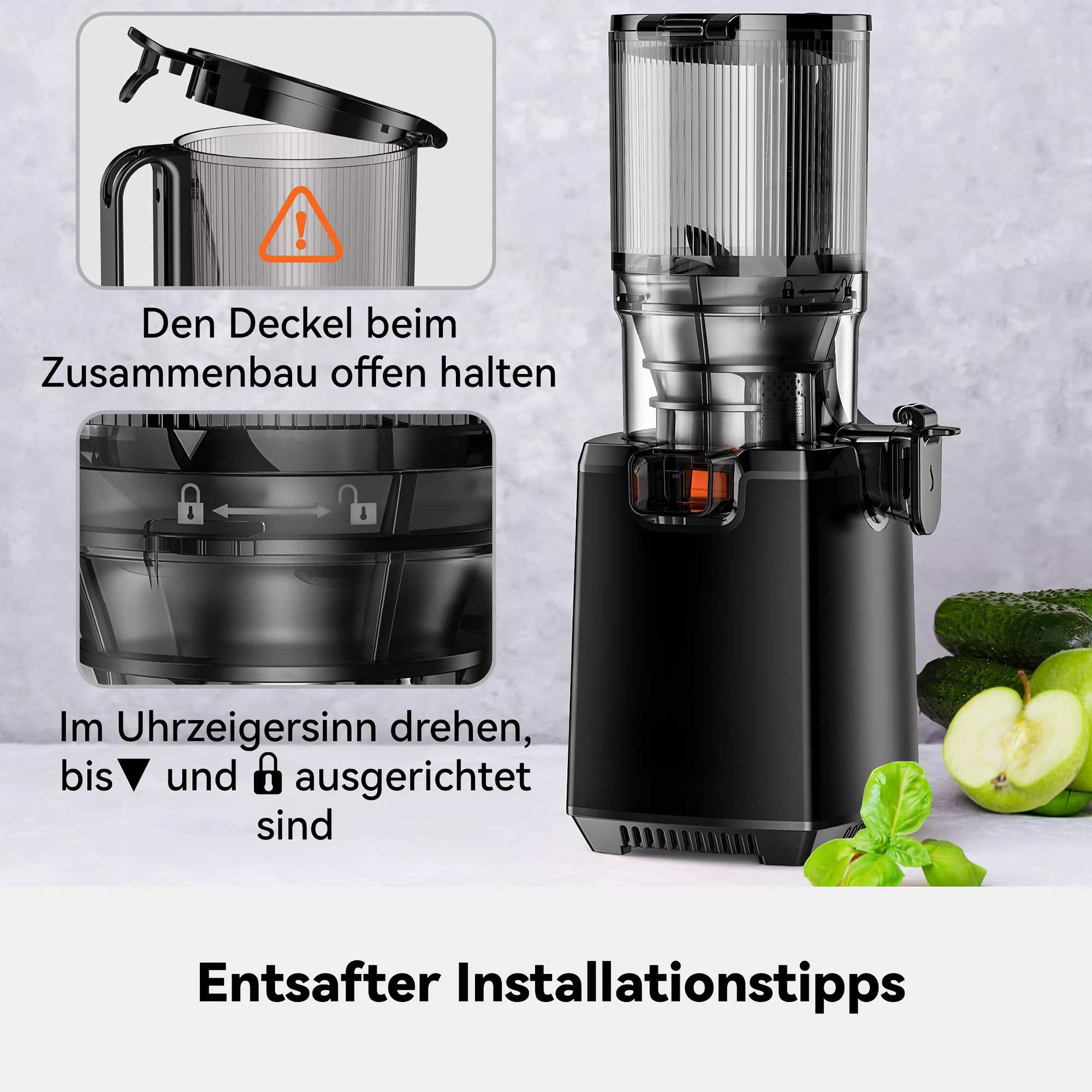 Entsafter mit Anweisungen. Zeigt Teile und Montage. Auch Gurken und Äpfel sind vorhanden.