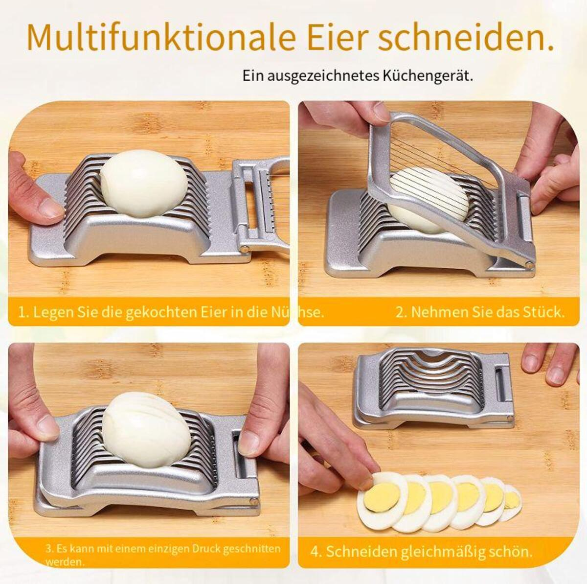 Eine vierstufige Anleitung zum Schneiden eines gekochten Eies mit einem Küchenwerkzeug. Das Werkzeug ist silberfarben und das Ei ist weiß.