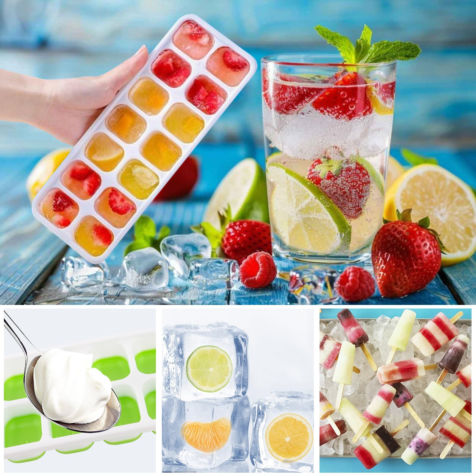 Hand hält Eiswürfelschale mit Früchten. Glas Wasser mit Früchten und Minze. Eis, Früchte und Eis am Stiel auf blauem Tisch.
