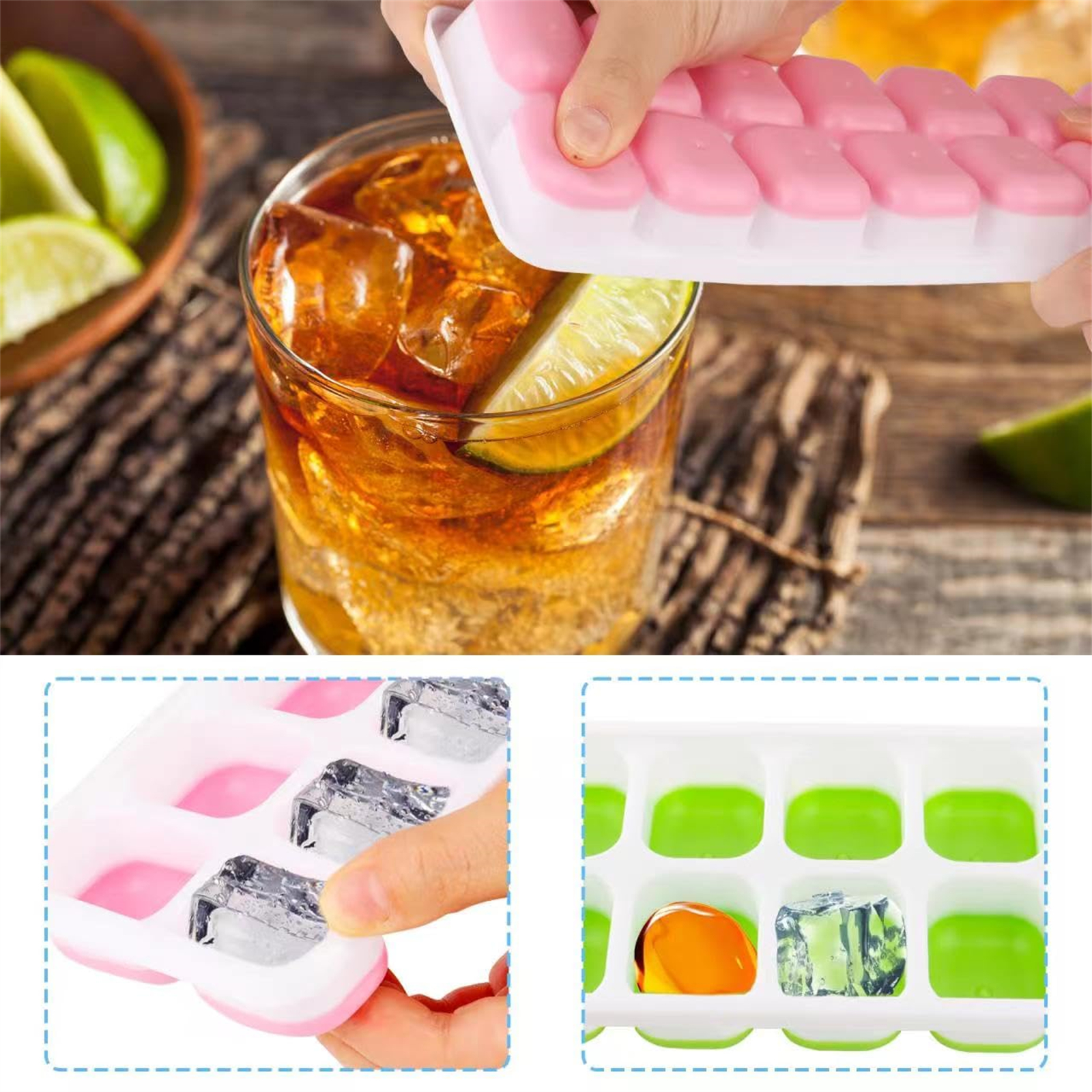 Glas mit Eis und Limettenscheibe. Rosa Eiswürfelbehälter wird verwendet. Limetten in einer Schüssel, Holzuntergrund.