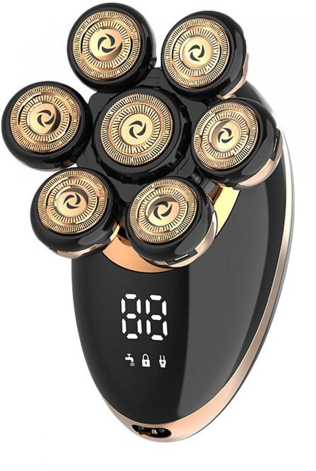 Schwarzer und goldener Elektrorasierer mit sieben Rotationsköpfen. Er hat eine LED-Anzeige mit Zahlen und Symbolen.