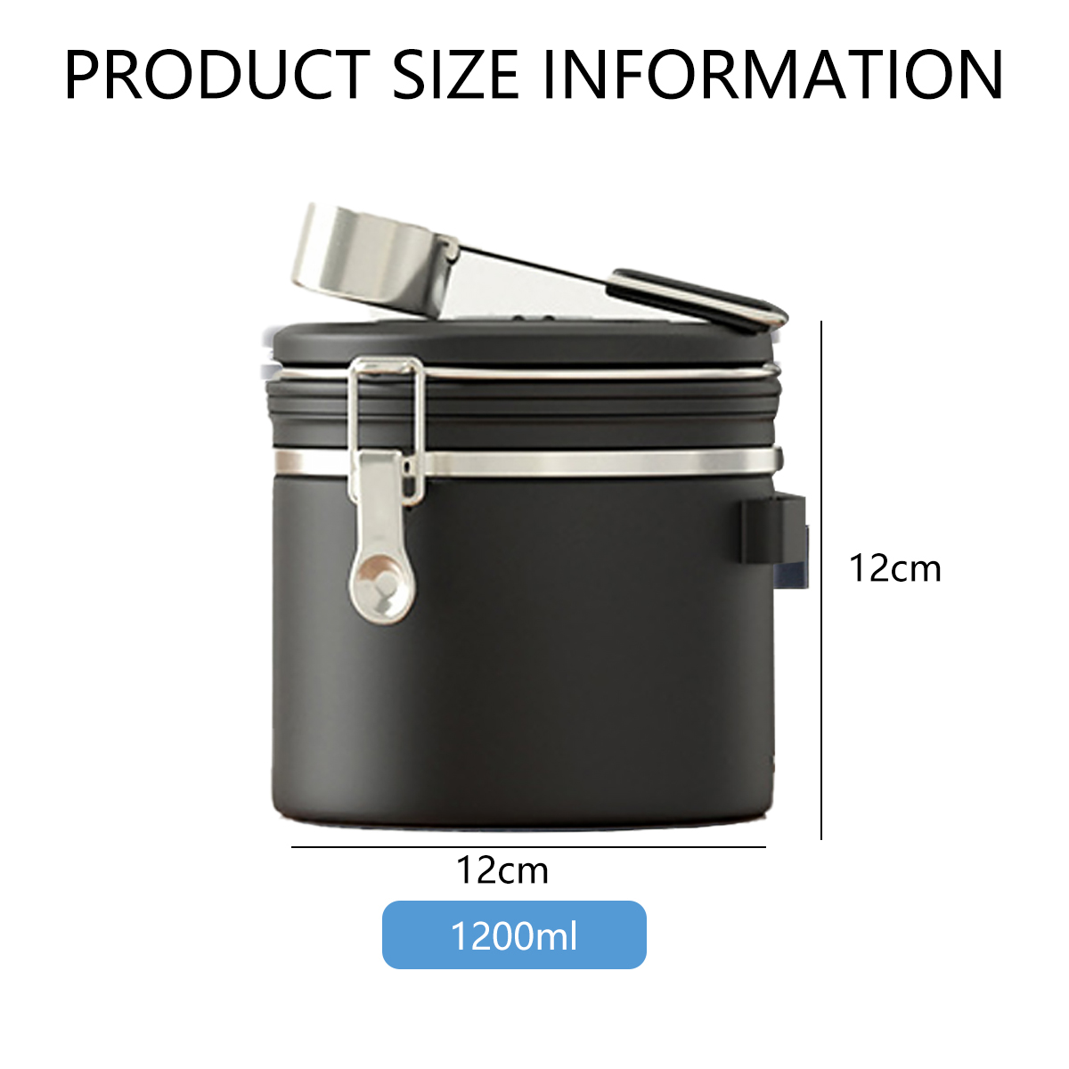 Ein schwarzer Behälter mit silbernem Deckel und einer Schaufel. Er ist 12 cm hoch und breit und fasst 1200 ml.