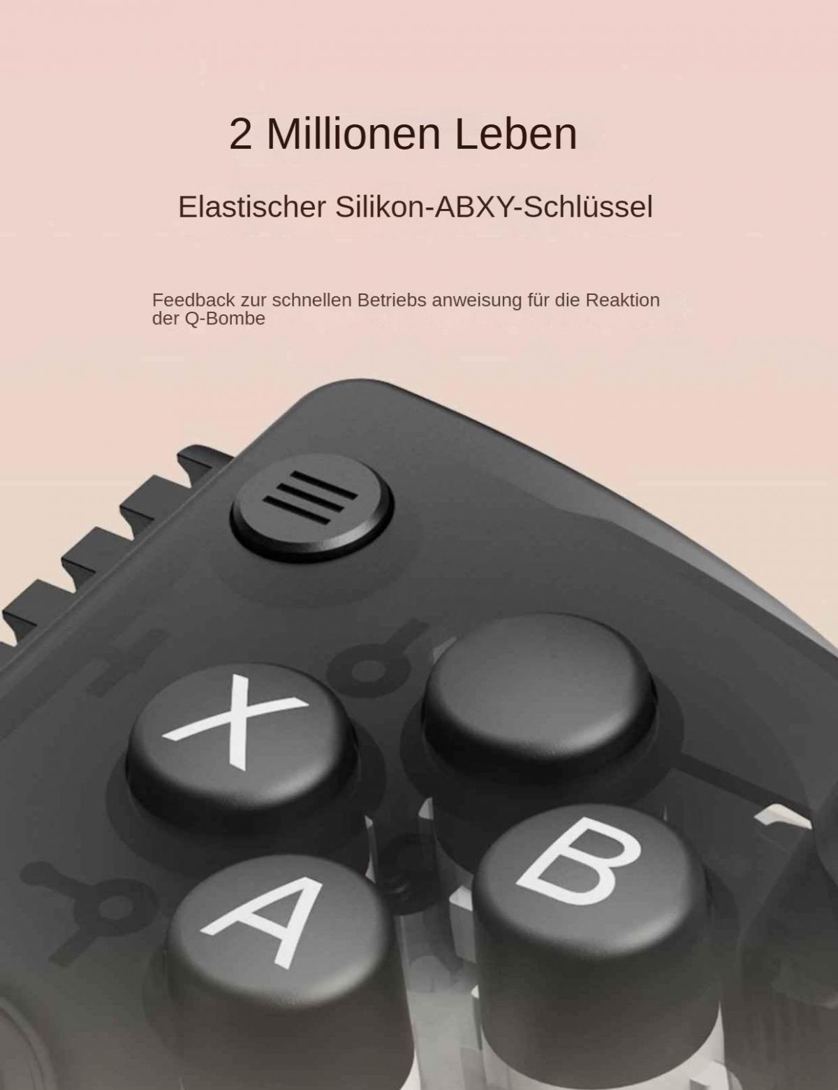 Nahaufnahme eines schwarzen Gamecontrollers mit weißen Buchstaben A, B und X. Der Hintergrund ist ein Rosa-Weiß-Verlauf.