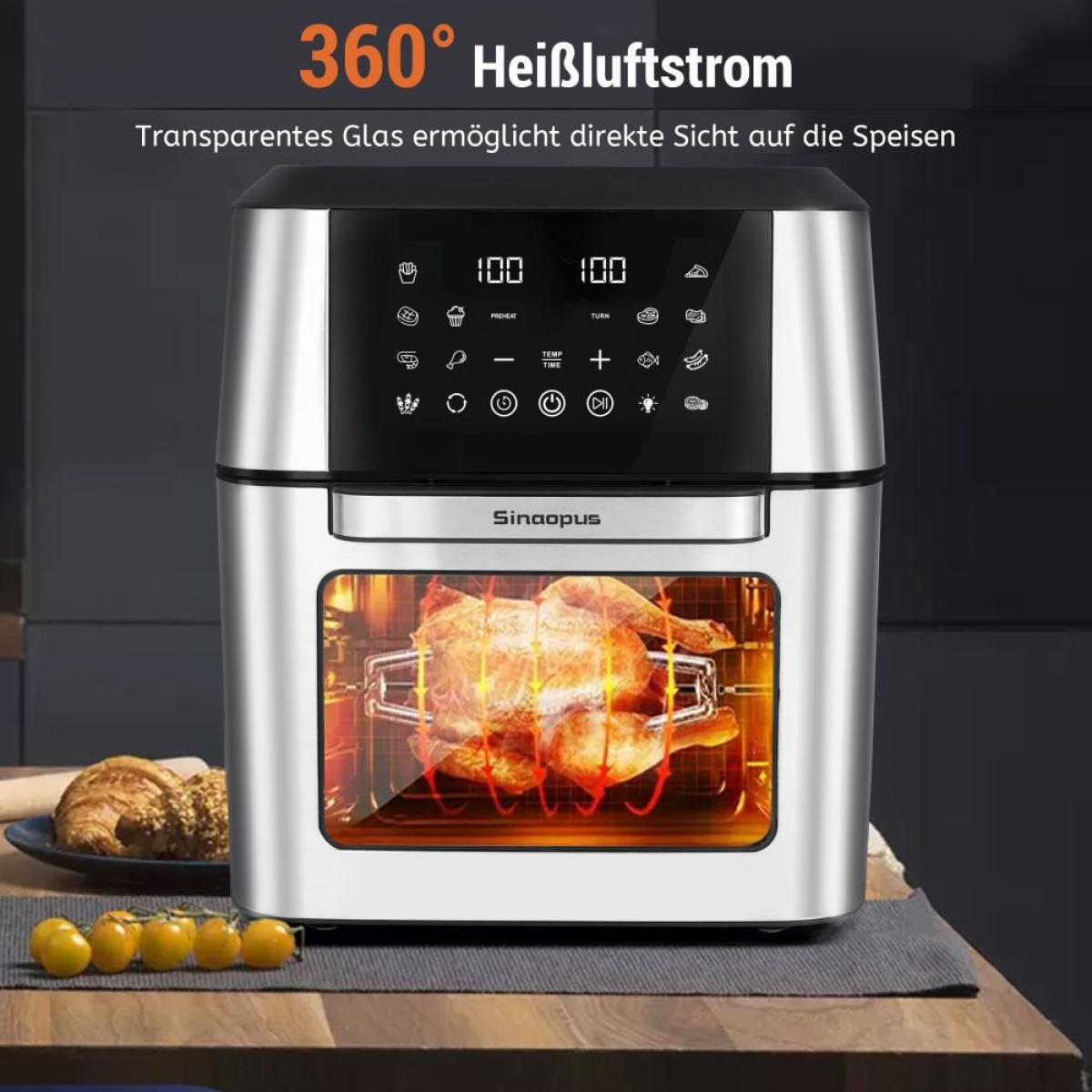 Eine Heißluftfritteuse mit Huhn. Ein digitales Display mit Knöpfen befindet sich über der Tür. Croissants und Tomaten sind ebenfalls sichtbar.