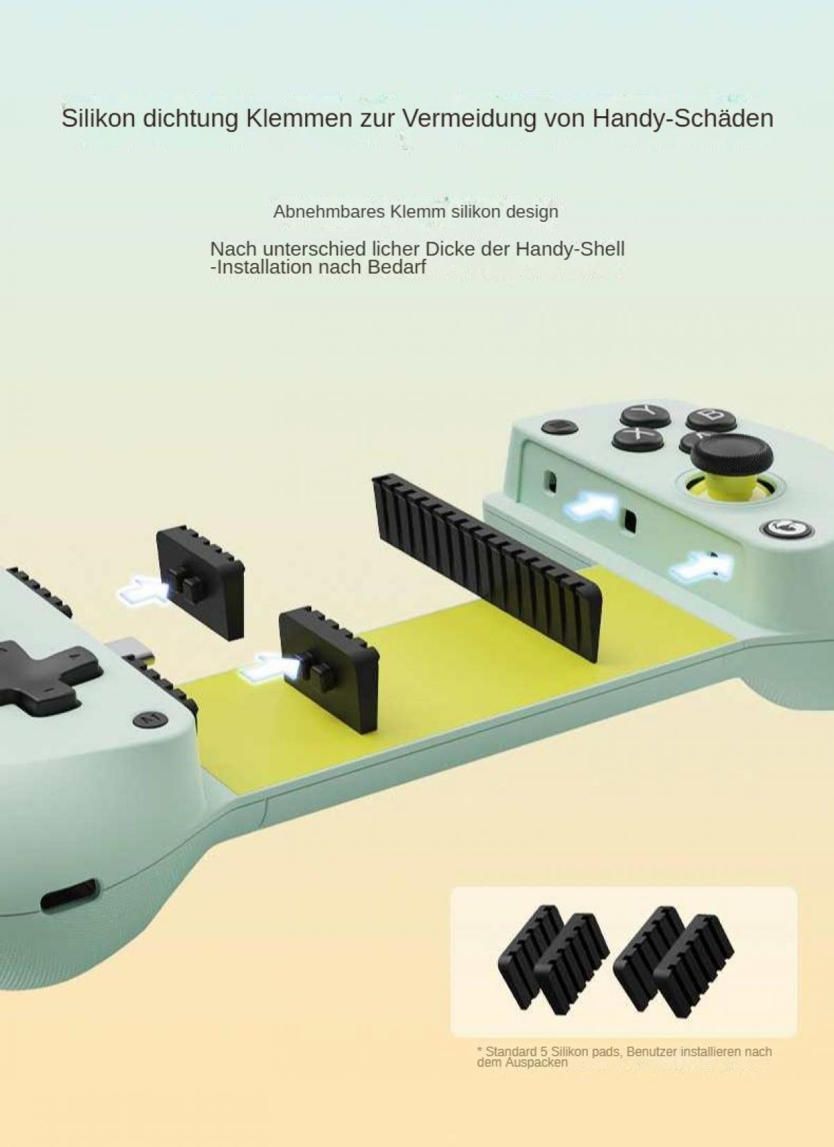 Ein Gaming-Controller mit schwarzen Silikonpads, einer gelb-grünen Plattform und Text auf Deutsch zum Telefonschutz.
