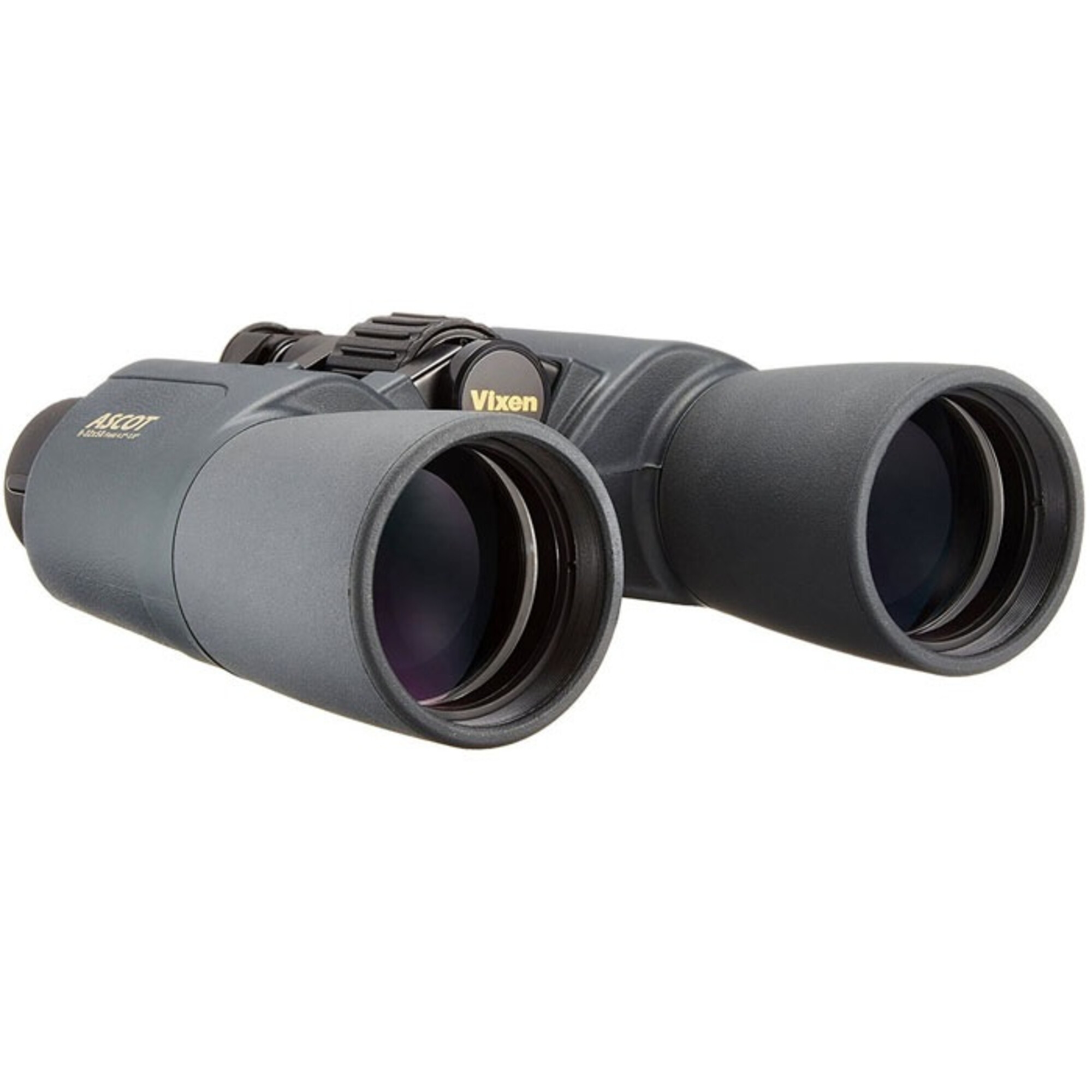 Graues Fernglas auf weißem Hintergrund. Marke Vixen. Die Linsen sind schwarz.
