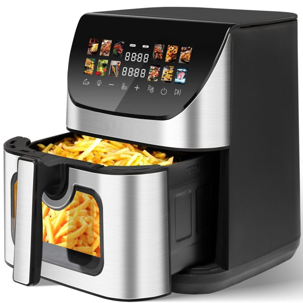 Eine Heißluftfritteuse mit Pommes Frites. Es hat ein digitales Display und ein schwarz-silbernes Design.