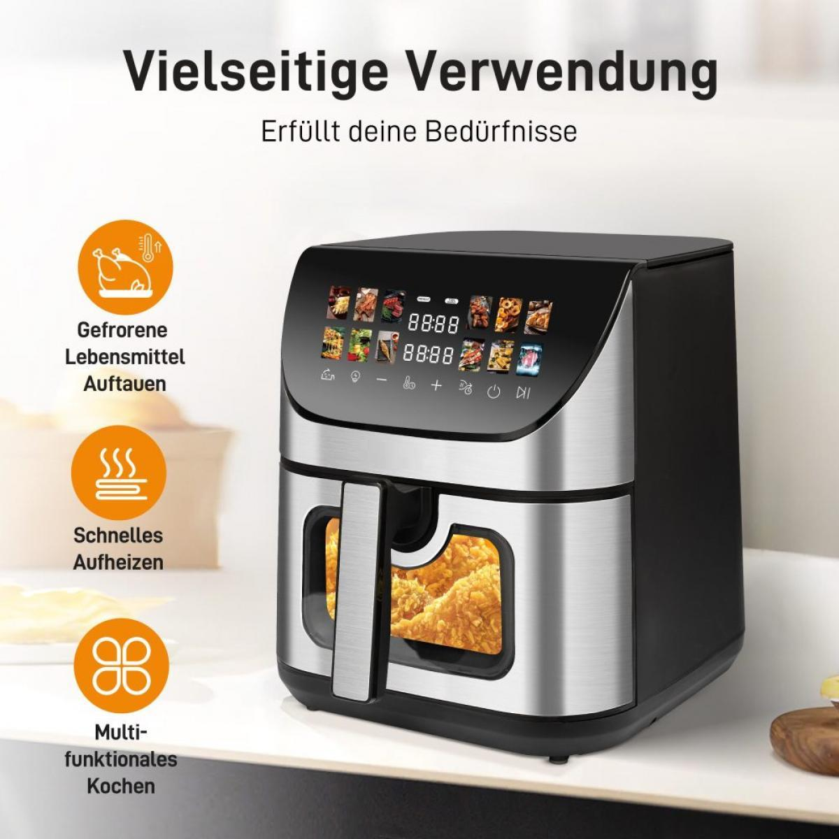 Eine Heißluftfritteuse mit Digitalanzeige. Sie zeigt Essenssymbole und Kochoptionen. Die Schublade zeigt frittiertes Essen.