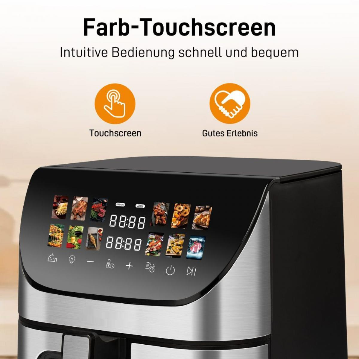 Eine Heißluftfritteuse mit Touchscreen-Display. Es zeigt Symbole und Zahlen. Oben steht Text auf Deutsch.