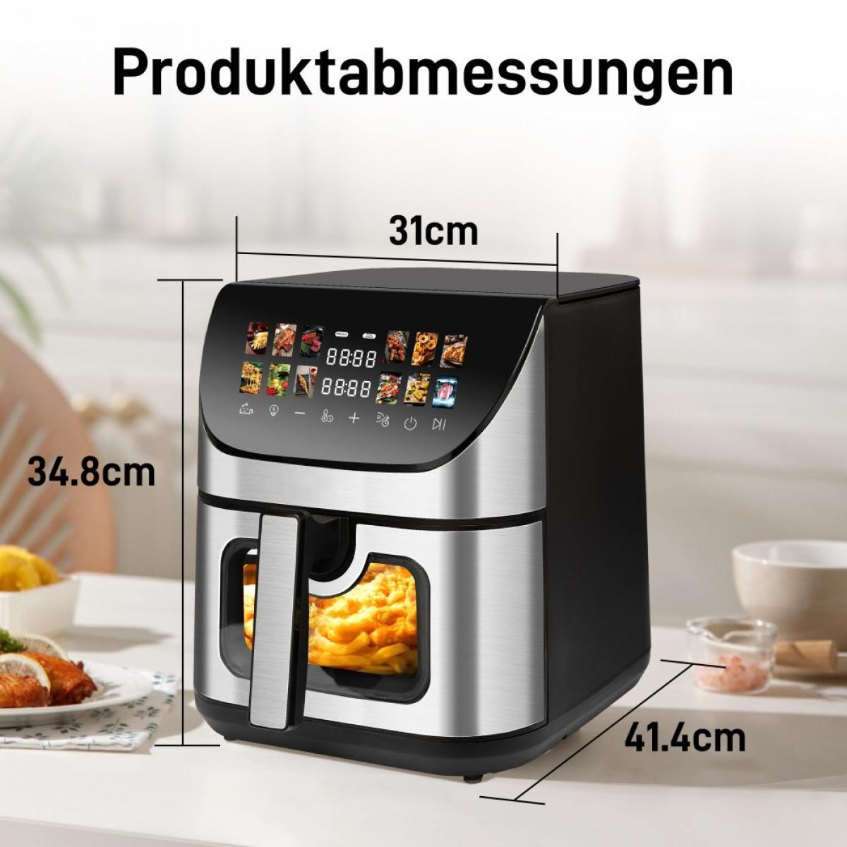 Eine Heißluftfritteuse mit Digitalanzeige, die Essensbilder zeigt. Maße: 31 cm, 34,8 cm und 41,4 cm. Essen ist sichtbar.
