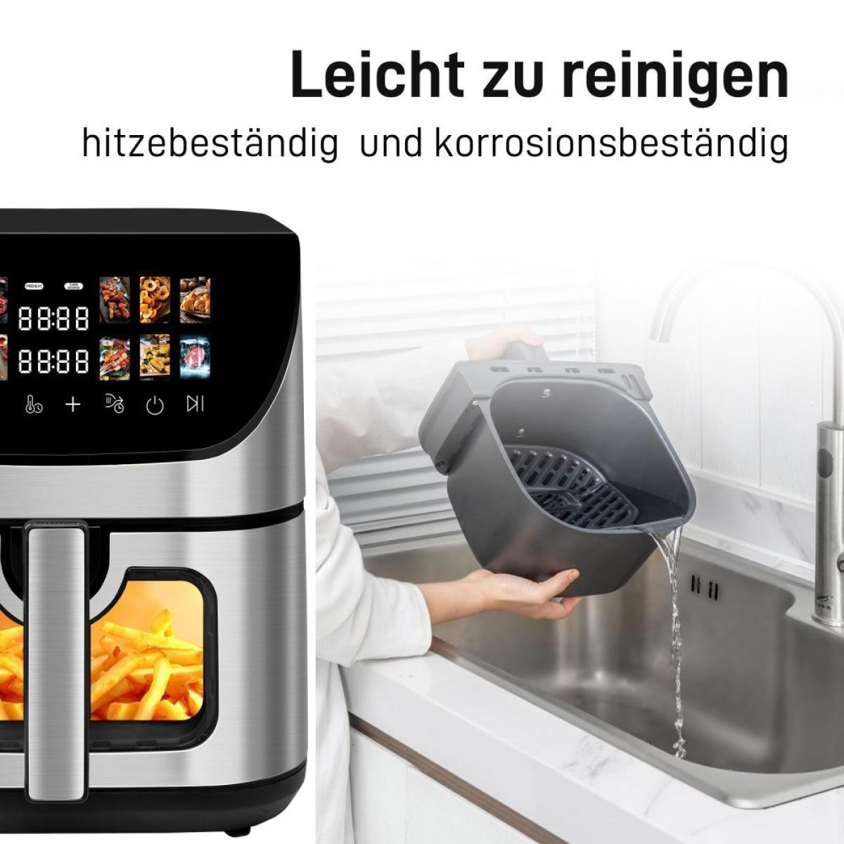Ein Airfryer mit Pommes Frites und eine Person, die einen Korb in einem Waschbecken wäscht. Text: Leicht zu reinigen, hitze- und korrosionsbeständig.