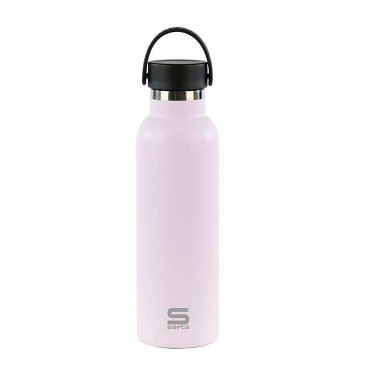 Eine hellrosa Wasserflasche mit schwarzem Deckel und Griff. Der Markenname "Sarta" ist unten in Grau aufgedruckt.