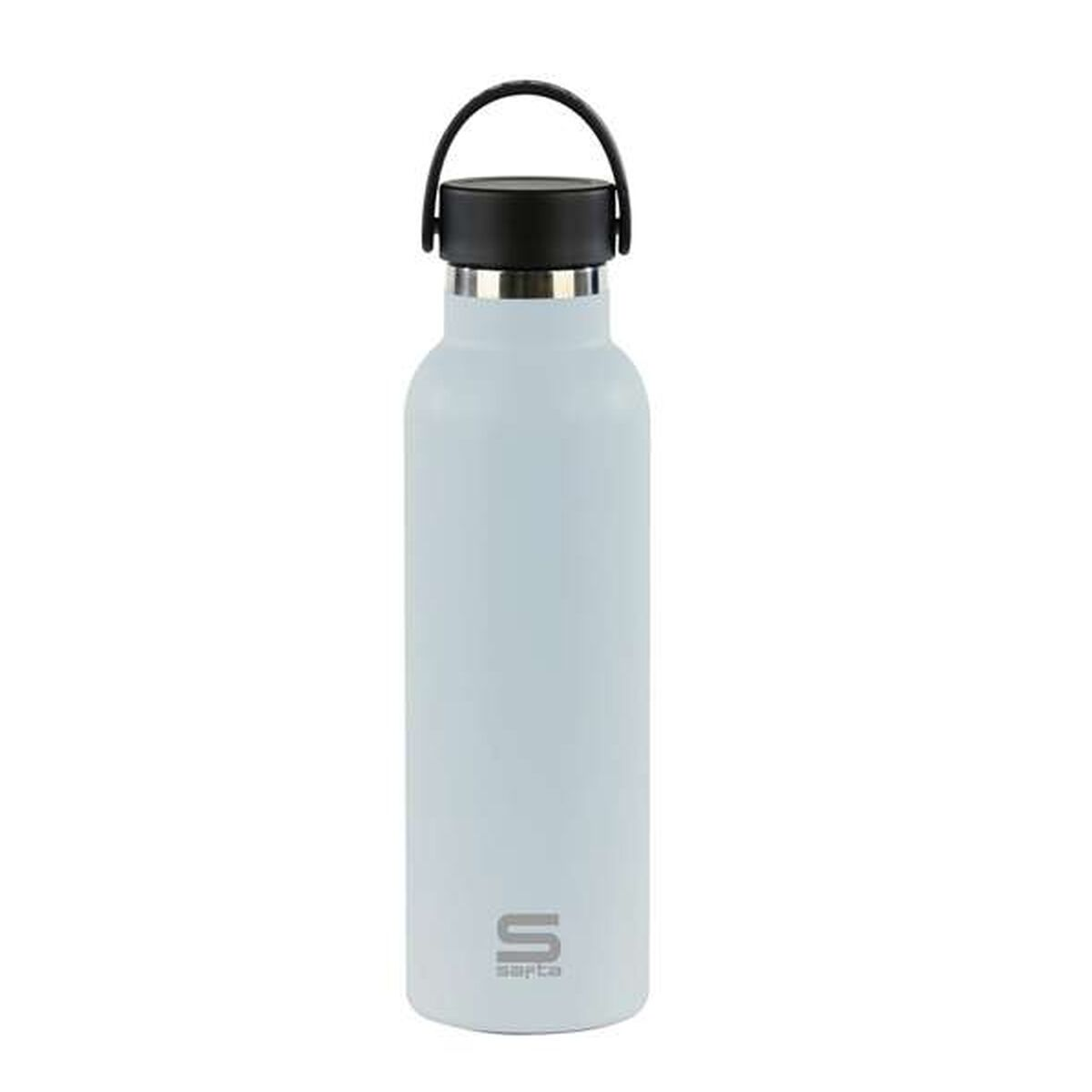 Eine hellblaue Wasserflasche mit schwarzem Deckel und Griff. Der Markenname 'Sarta' ist unten aufgedruckt.