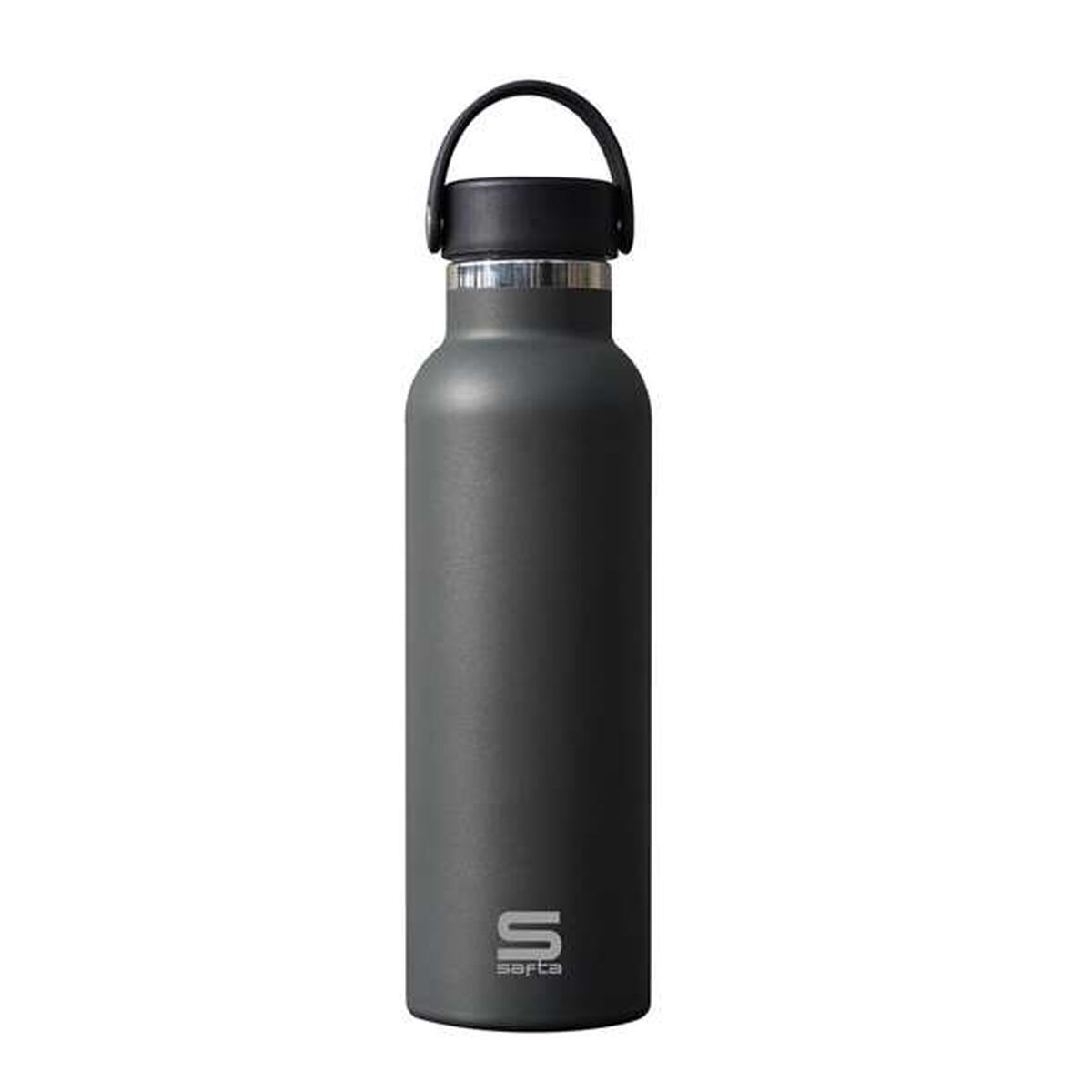 Eine graue Wasserflasche mit schwarzem Deckel und Griff. Der Markenname 'safta' ist unten aufgedruckt.