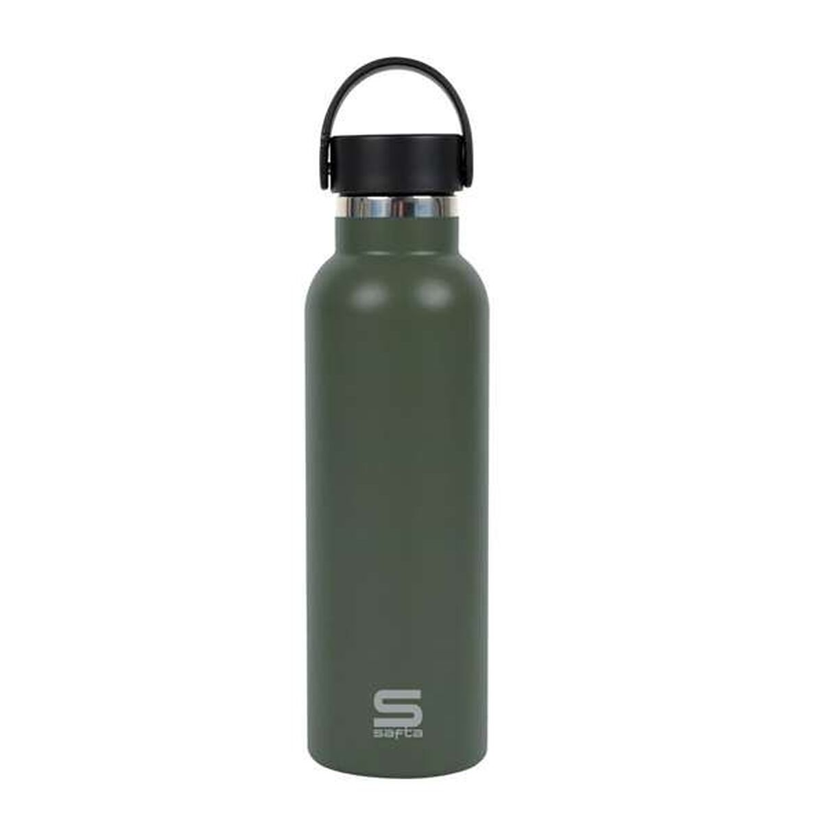 Eine grüne Safta-Trinkflasche mit schwarzem Deckel und Griff. Die Flasche hat einen silbernen Ring und ein Safta-Logo.