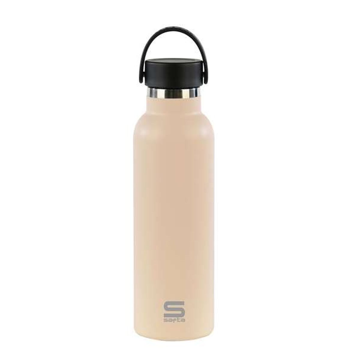 Eine beige Wasserflasche mit schwarzem Deckel und Griff. Der Markenname 'sarta' ist unten grau gedruckt.